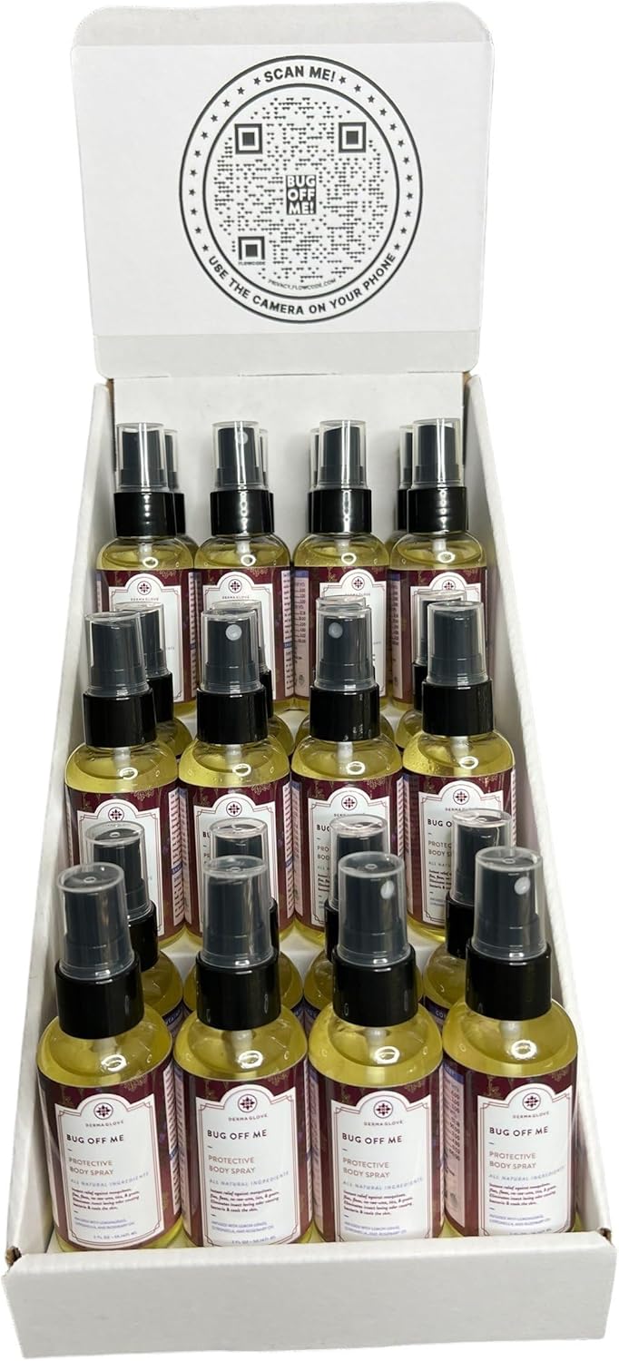 Bug Off Me Display - Travel-Sized Essential Oil Insect Repellent Spray Retail Bottles + Display Stand & QR Code - 2 Fl Oz (Pack of 24)