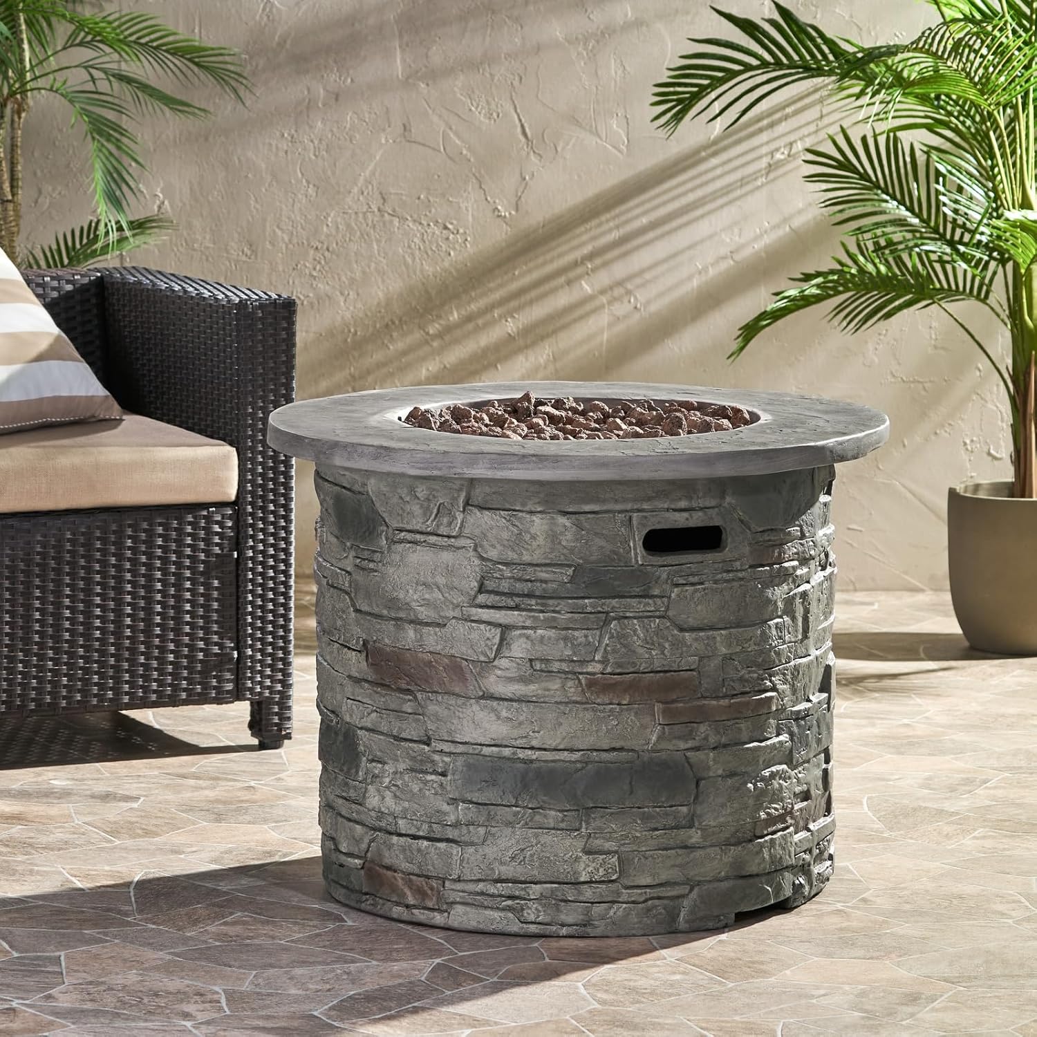 Penau Outdoor 32 Inch Round MgO Propane Fire Pit, 40,000 BTU, Stone Gray, Garden & Patio Use, Durable Construction