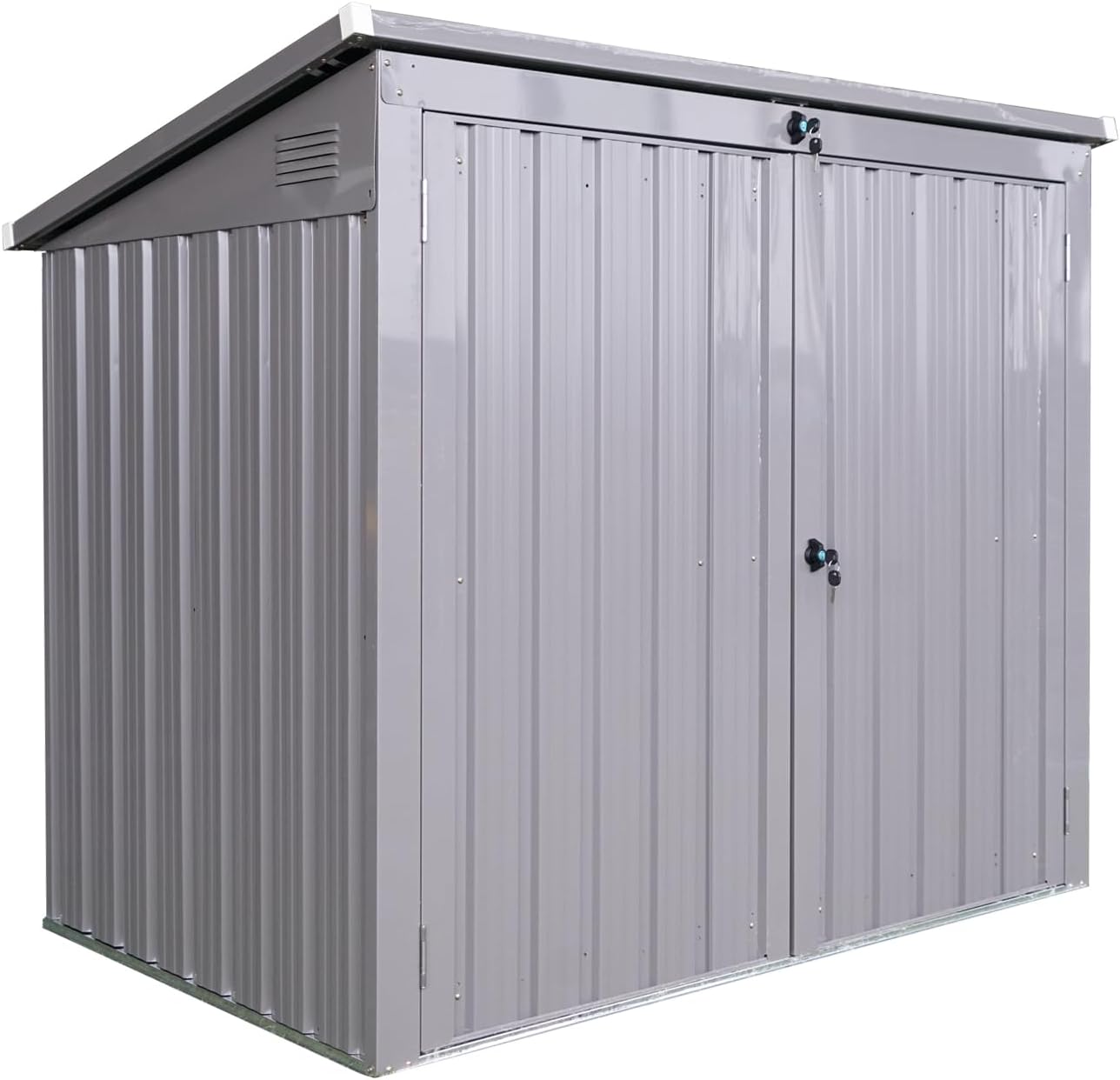 Metal Bin Shed Outdoor Garbage Enclosure Galvanized Steel Garden Utility Locker Waterproof Sloped-Roof Double Door Lockable Ventilated Tool House Fits Two 64-Gallon Cans Patio Yard Lawn (Grey)