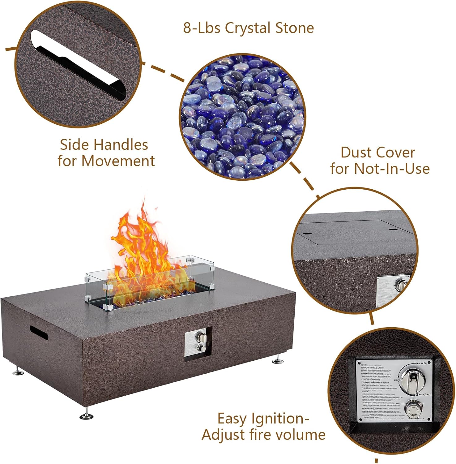 48 Inch Outdoor Propane Fire Pit Table, 50000BTU Steel Gas Firepit with Wind Guard, Add Warmth and Ambience to Parties On Outside Patio Deck Garden, CSA Safety Certified Glass Beads & Rain Cover