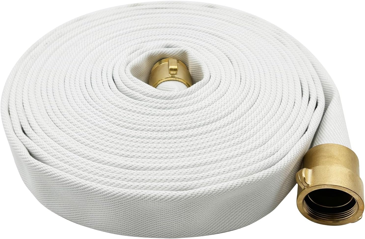 Fire Hose, White, 1-1/2 inches x 100' Lay Flat Heavy Duty Backwash/Discharge Firehose, NST/NH Brass Connectors (1.5” NST/NH-100FT)