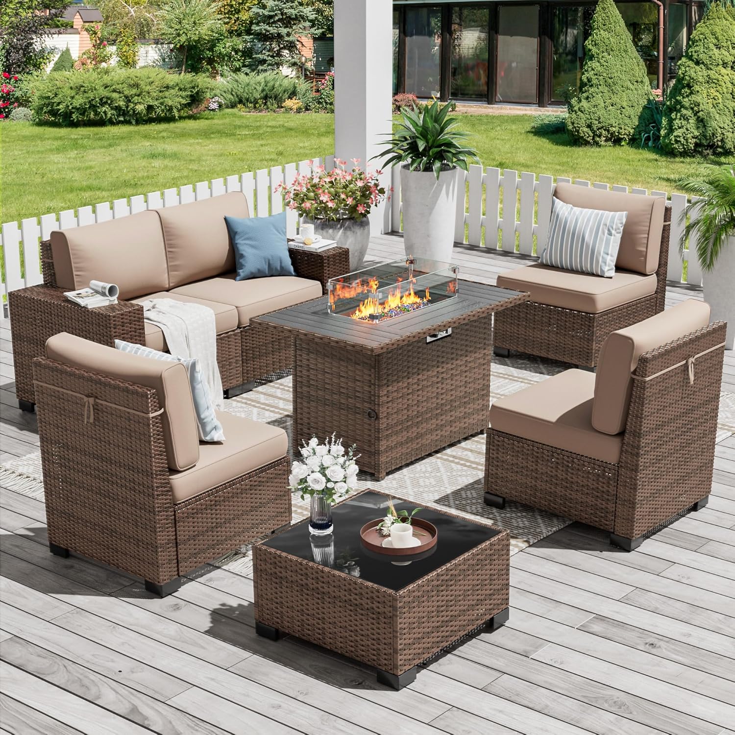 Amopatio Outdoor Sectional with Fire Pit Table, 8 Inch Armrest Patio Furniture Set with Waterproof Cover for Garden Backyard, 4'' Thickened Cushion