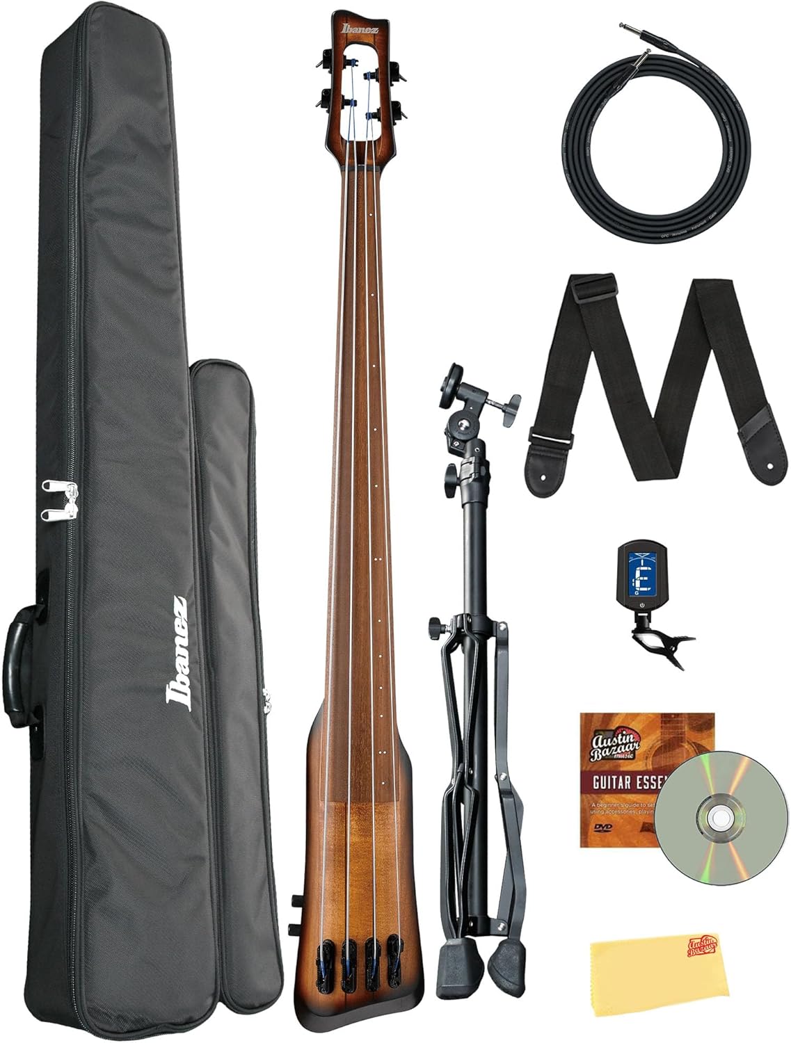 Ibanez UB804 Upright Bass - Mahogany Oil Burst Bundle with Gig Bag, Tuner, Strap, Instrument Cable, Instructional DVD, and Austin Bazaar Polishing Cloth