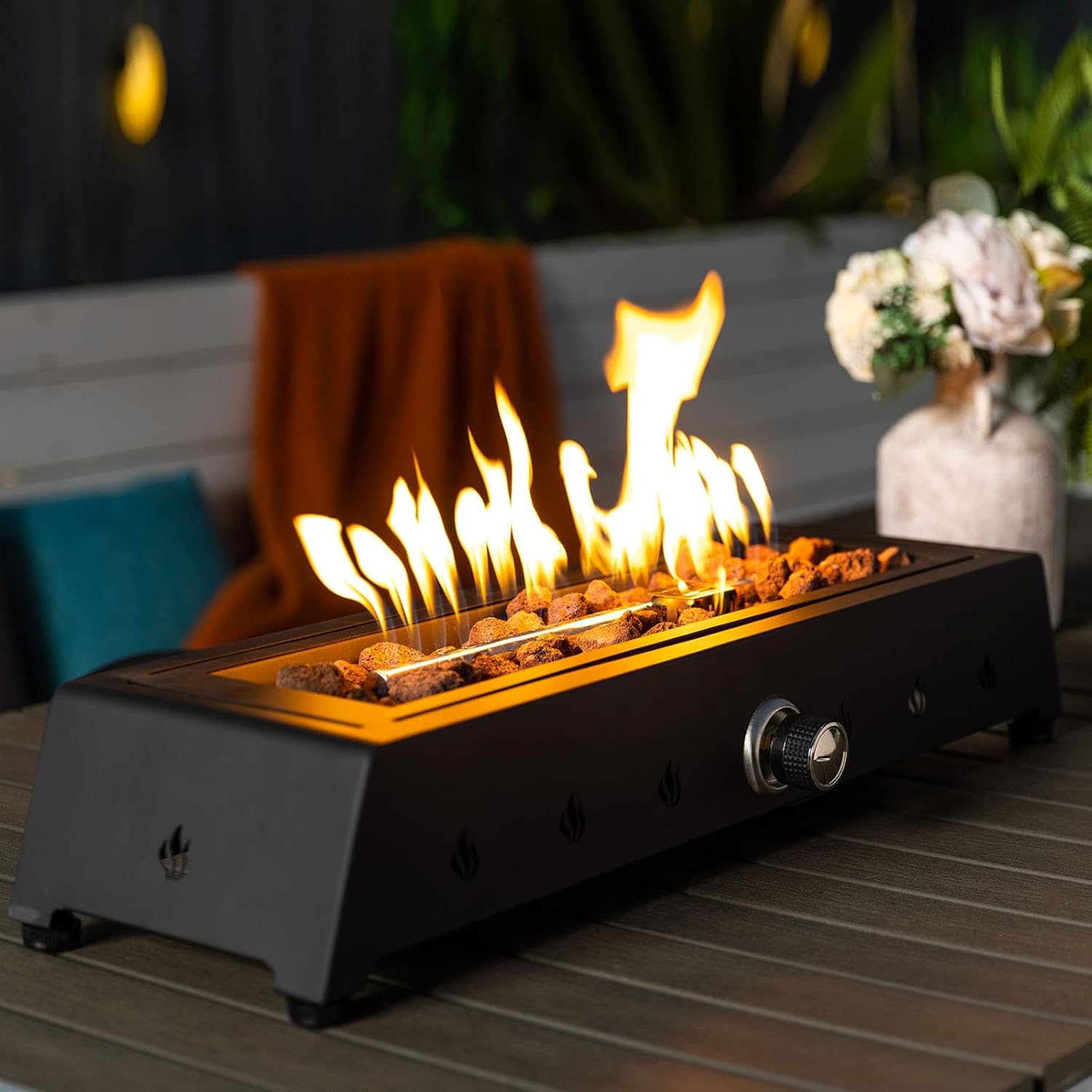 28'' Tabletop Propane Fire Pit Table with Bottom Air Intake and Umbrella Hole, 50,000 BTU Rectangular Steel Fire Pit for Outdoor Living Room Garden Balcony (Rectangular)