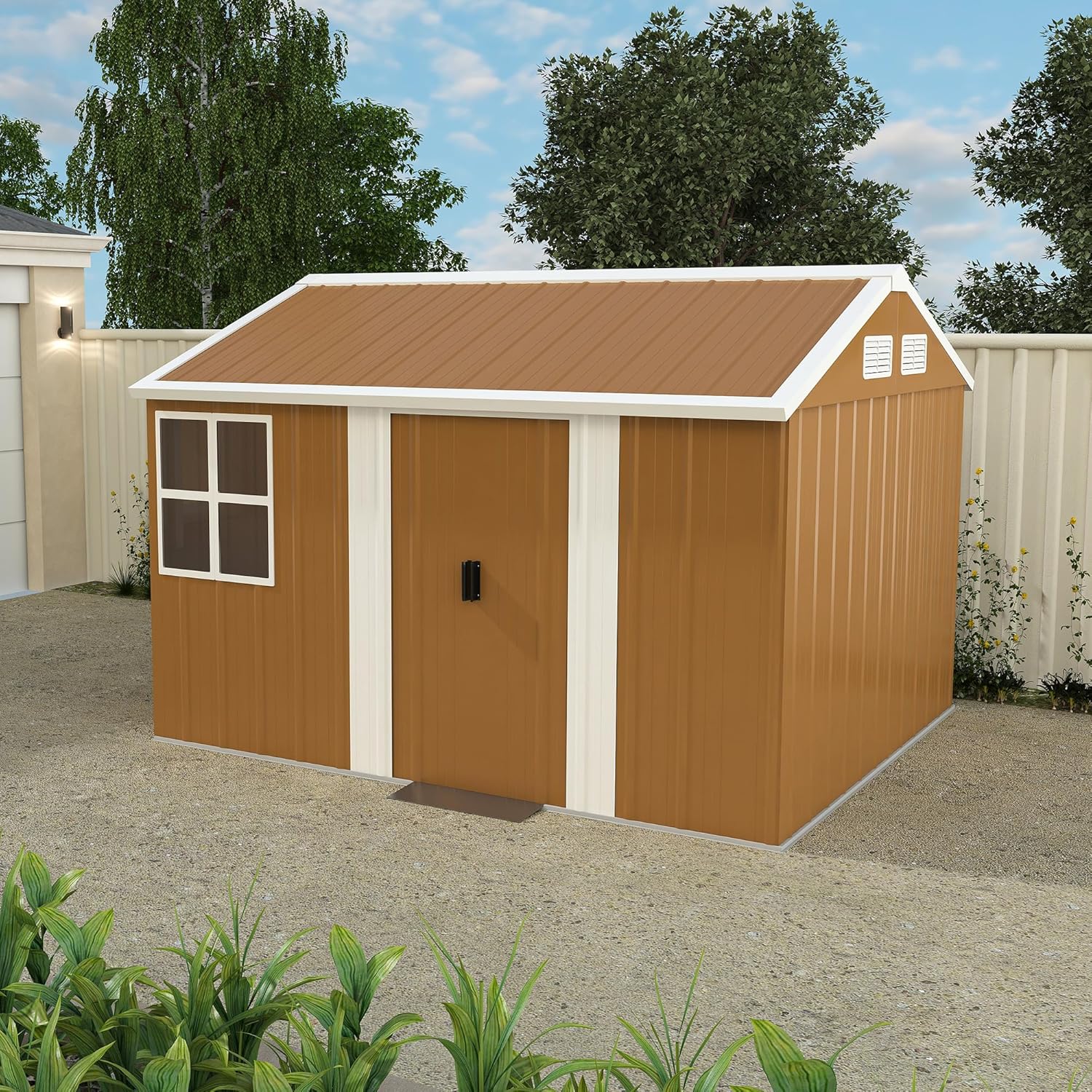 8X10 FT Metal Sheds & Outdoor Storage,Waterproof Large Backyard Shed House W/Windows and Sliding Door,Heavy-Duty Tool Organization with Sloped Roof & Vents,for Garden Pet House,Brown