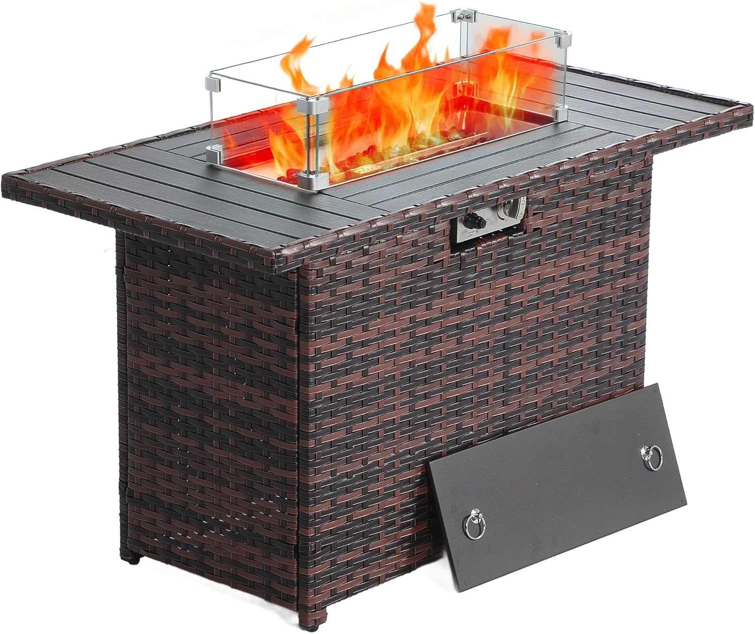 EortheX 44 Inch Propane Fire Pit, Steel Gas Fire Feature Table with Iron Lid,Glass Rock, Rain Cover and Tempered Glass Wind Guard for Outside Garden Backyard Deck Patio