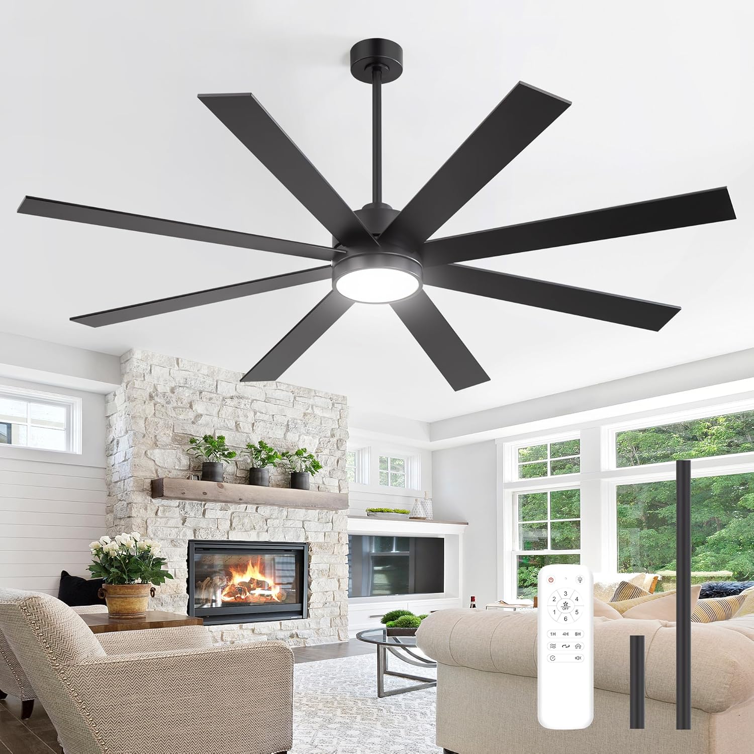 72 Inch Ceiling Fans with Lights and Remote, Large Ceiling Fan with 3CCT LED Light, 6 Speed Reversible Quiet DC Motor, Indoor/Outdoor Black Ceiling fan For Living Room, Patio, Library