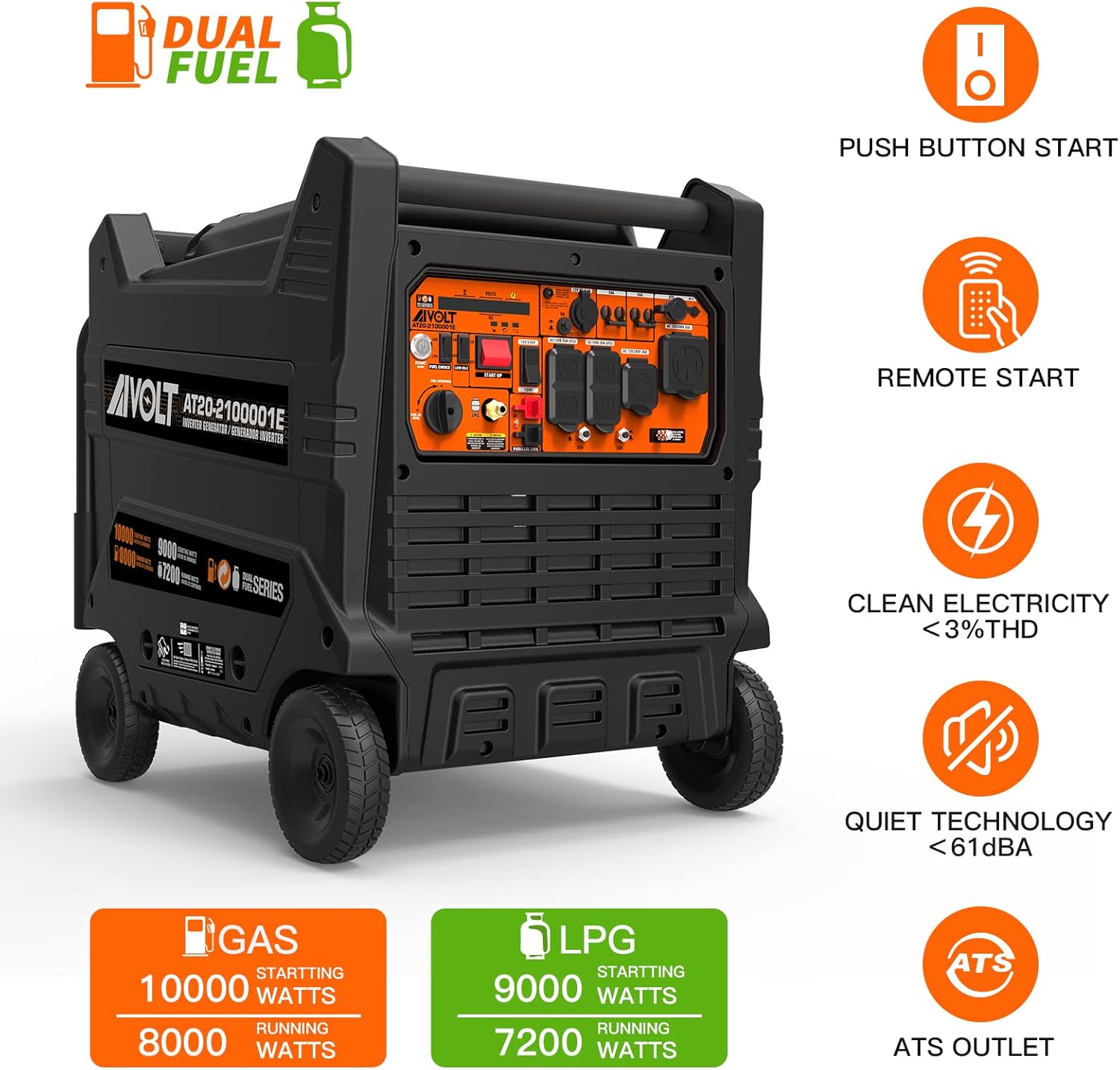 AIVOLT Dual Fuel Portable Inverter Generator- 10000 Watts Gas or Propane Powered Home Back Up Electric Start Inverter Generator (10,000 Watts Dual Fuel)