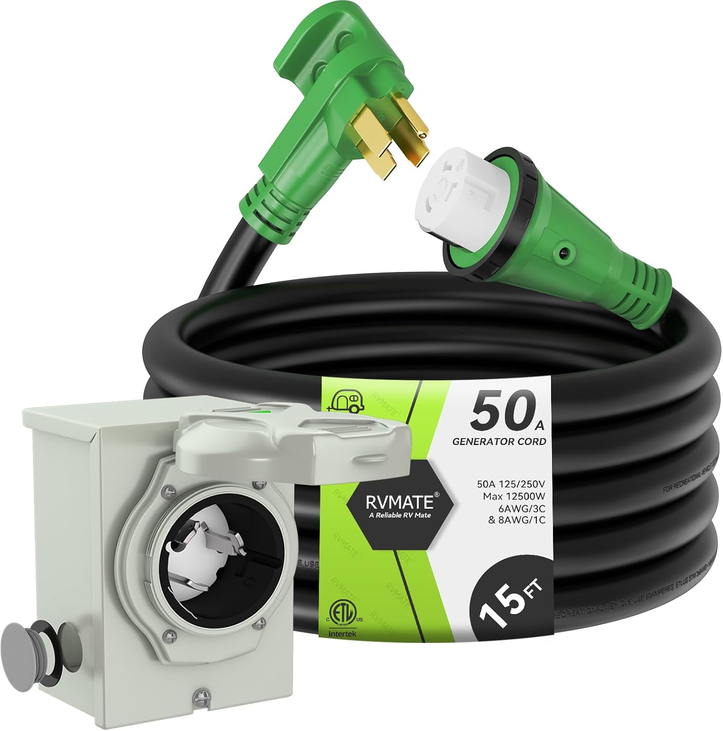 RVMATE 50 Amp Generator Cord 15FT and Pre-Drilled 50Amp Power Inlet Box Kit, 125/250Volts, NEMA 14-50P to SS2-50R Power Cord, ETL Listed, NEMA SS2-50P Inlet Box Waterproof