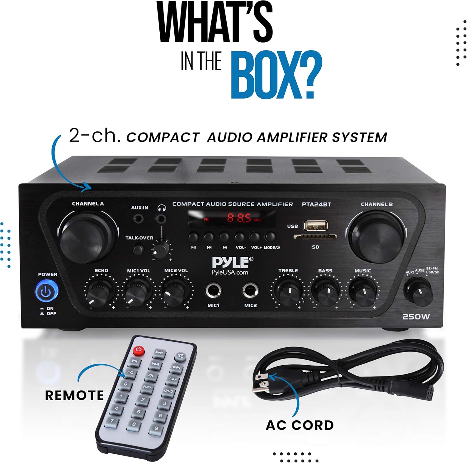 Pyle 2-Channel Bluetooth Home Stereo Amplifier - 250W Wireless Audio Receiver, Karaoke Optimized: Dual Mic In with Echo, Mic Talk-Over, FM Radio, USB-A MP3 Player, RCA, AUX, Remote Ctrl - PTA24BT