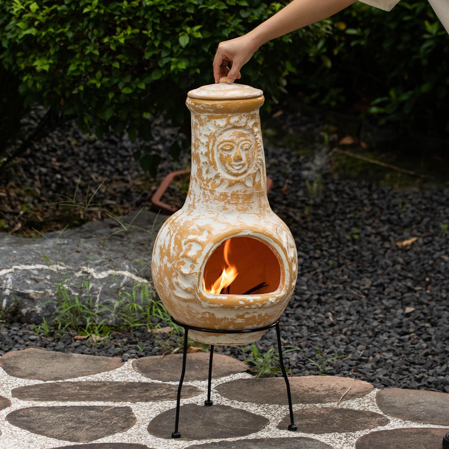 Outdoor Clay Chiminea Fireplace Sun Design Wood Burning Fire Pit with Sturdy Metal Stand, Barbecue, Cocktail Party, Cozy Nights Fire Pit (Beige)