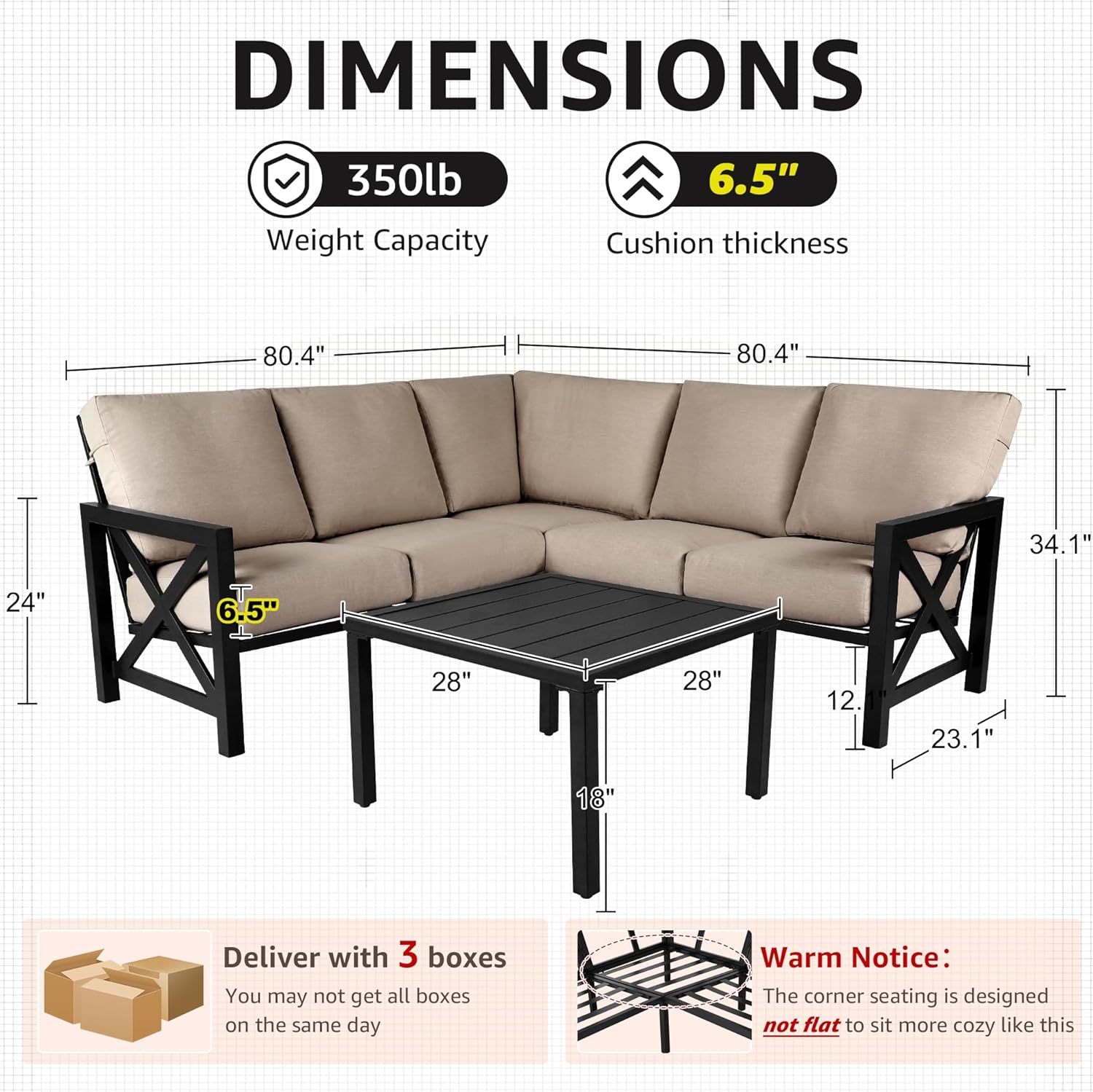 NATURAL EXPRESSIONS 6 Pieces Patio Furniture Sets,Outdoor Furniture Sets Metal Patio L Shape Sectional Couch Sofa Conversation Sets with 6.5