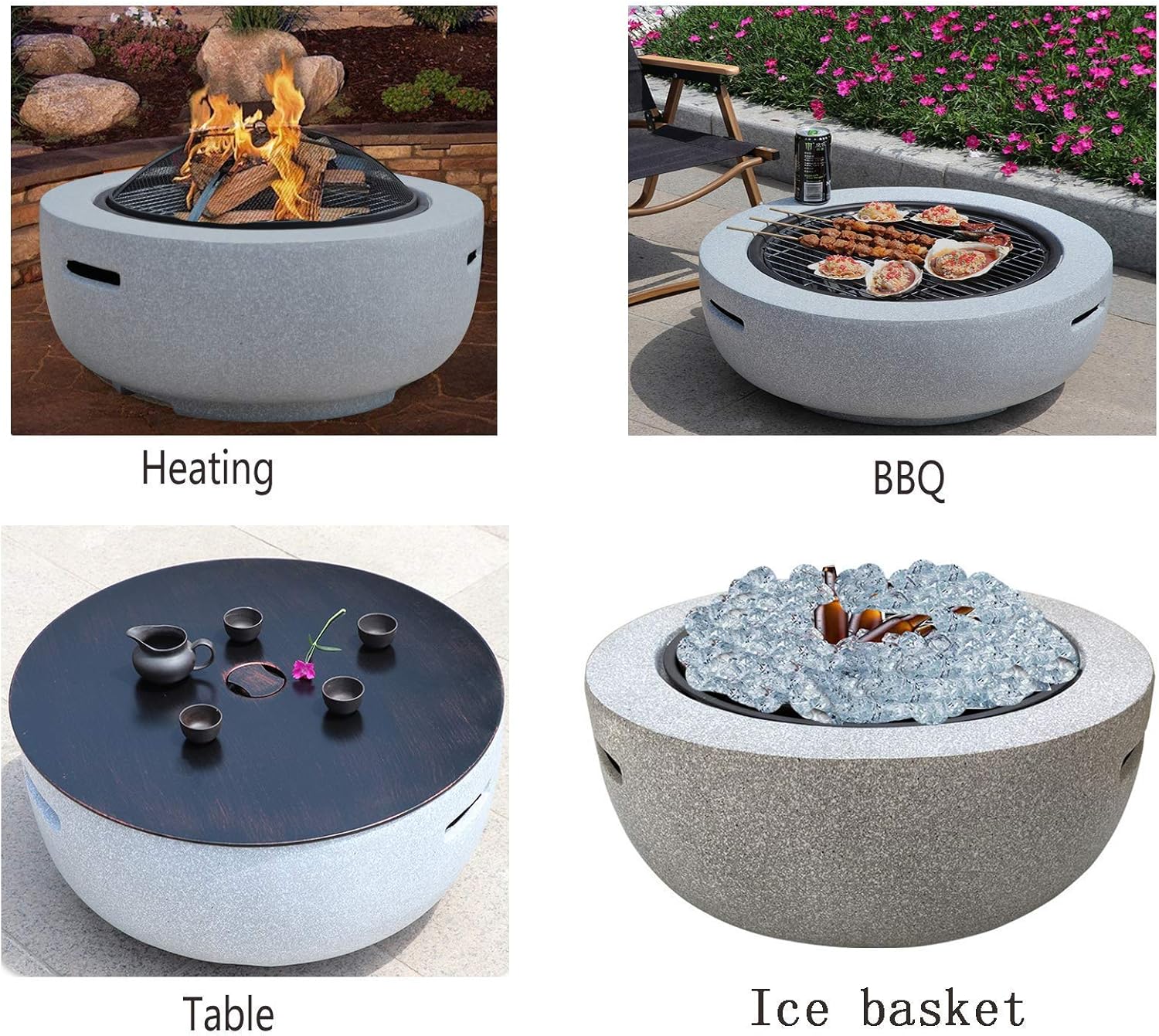 Garden Fire Pit Grill Bowl Grill Barbecue Rack Fire Pits for Garden,Large Wood Burning, with Grill and Lid Cast Iron BBQ Fire Bowl Cover 60Cm Camping Spark Guard Firepit Outdoor Fire Pits