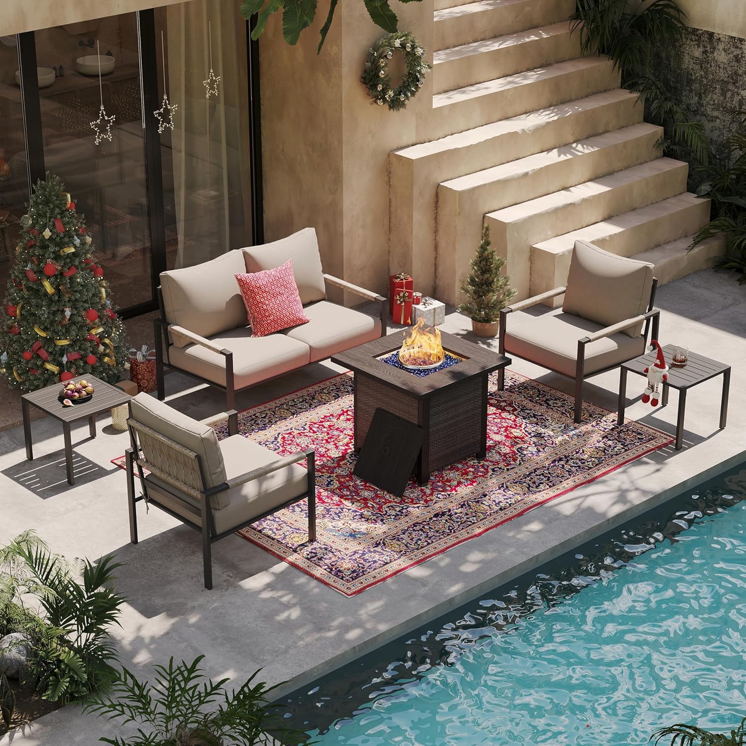 Metal Patio Furniture Set w/Fire Pit Table, 6-Piece Patio Set with 5-Inch Thick Cushions, Outdoor Furniture Set for Garden, Backyard, Balcony, Poolside (Warm Grey)