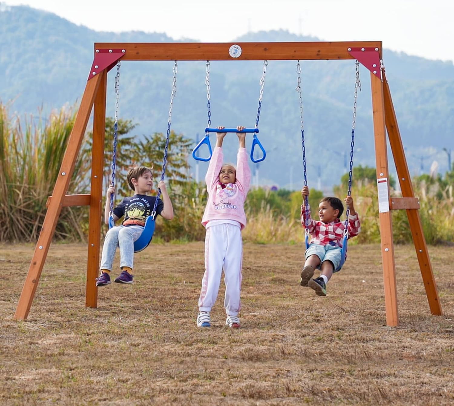 Dolphin Playground Wooden Swing Sets for Backyard, Family DIY Kit for Any Swings, Outdoor Playset for Kids with Trapeze Swing Bar and 2 Belt Swings, Heavy Duty Playground Accessories, Ages 3-10