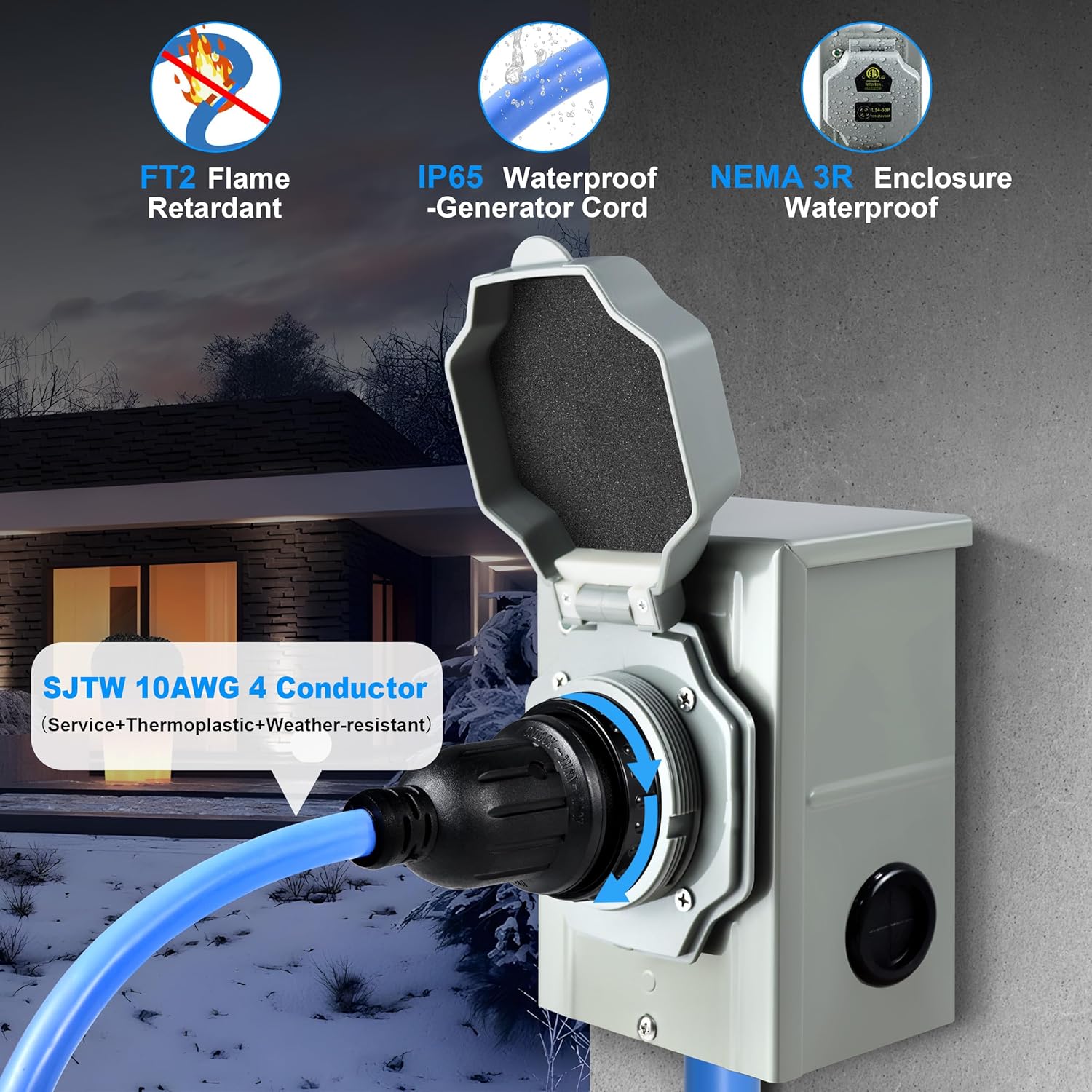 30 Amp Generator Cord and Pre-Drilled Power Inlet Box, Generator Cords 40FT, 30 Amp 125V/250V Generator Power Cord NEMA L14-30P to L14-30R, Twist Lock Connector