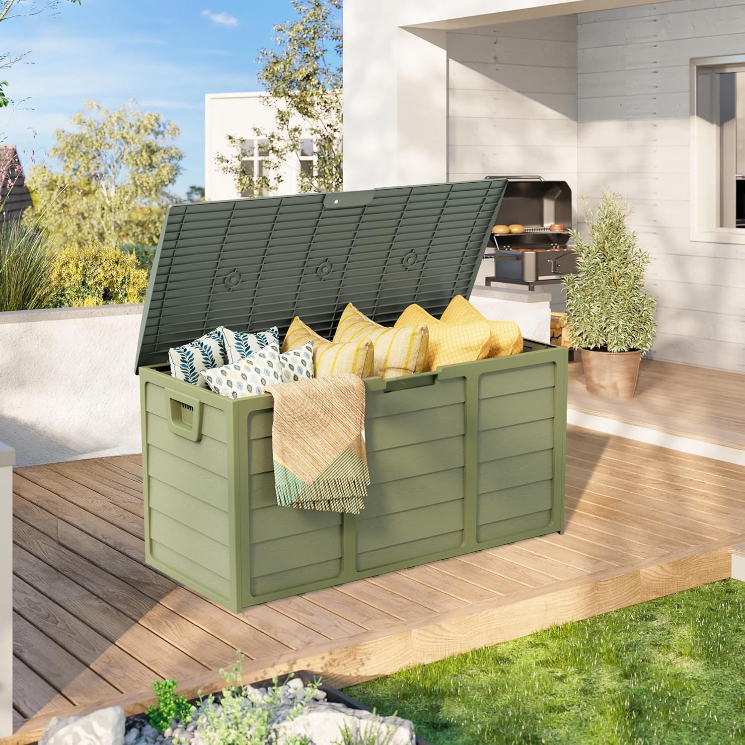 75 Gallon Outdoor Deck Box - Heavy Duty Resin Storage with Lockable Lid, UV Resistant for Patio Furniture Cushions, Pillows (Green)