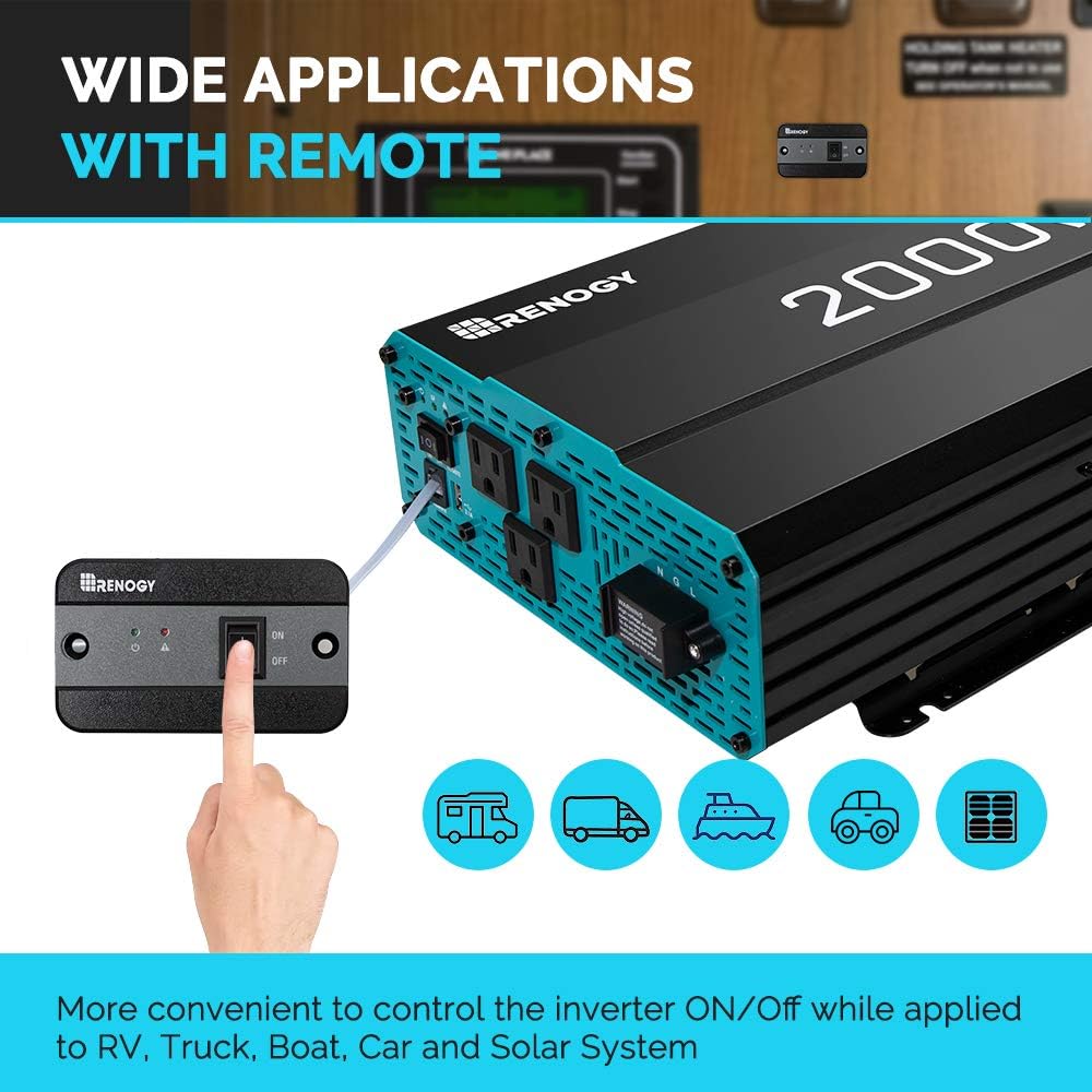 Renogy 2000W 12V Pure Sine Wave Battery Converter, ETL Listed with Built-in 5V/2.1A USB Port,and AC Hardwire Port Solar Power Inverter & Deep Cycle Agm Battery 12 Volt 200AH for RV, Solar, Gray