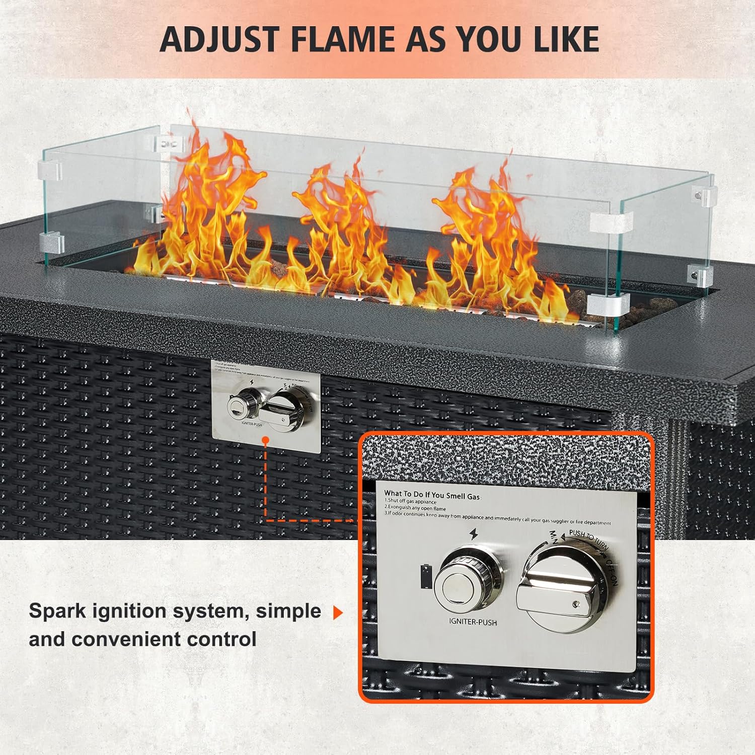 Outdoor Fire Table, 44 inch Rectangle Propane Gas Fire Pit Table, 50,000 BTU Modern Firepit with Wind Guard, Lava Rock, Rain Cover