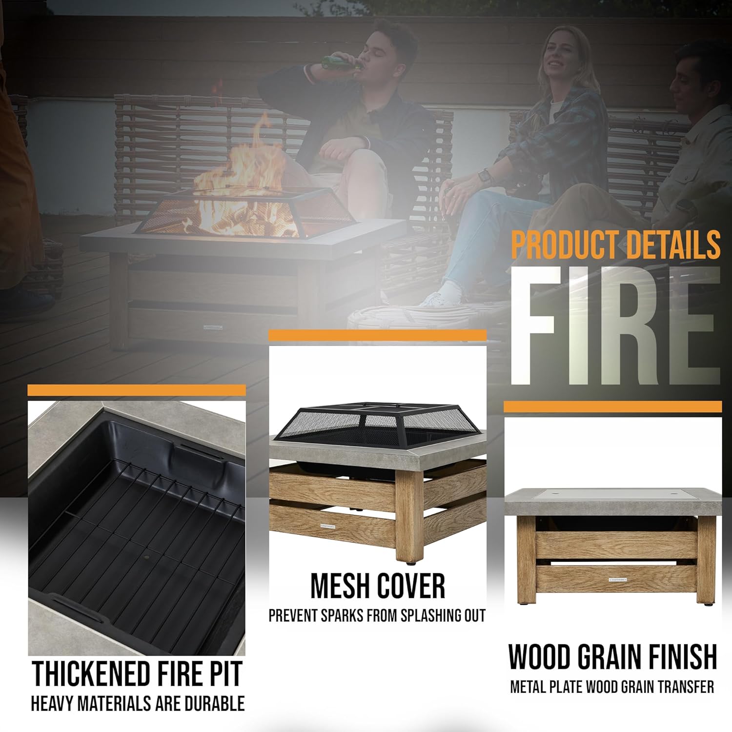 Firepits for Outside，Wood Burning Fire Pit with Wood-Grain Side Panels,Firepit for Outside with Mesh Cover & Fire Poker,Square Modern Outdoor Fireplace Fire Table. (Countryside)