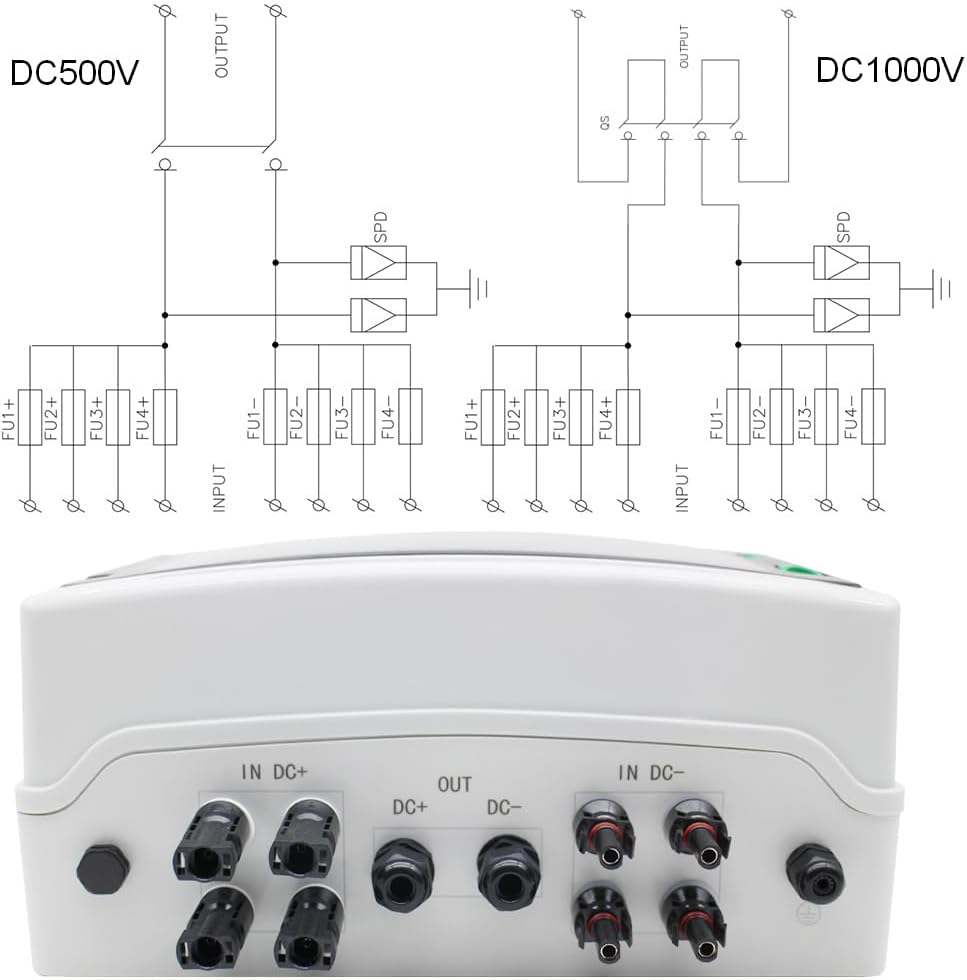 Dual Lnsurance 4 String Solar Combiner Box,PV Combiner Box for Solar,with Lightning Arreste & 15A Rated Current Fuse and 63A Circuit Breaker, IP65 Waterproof for On/Off Grid Solar Power System