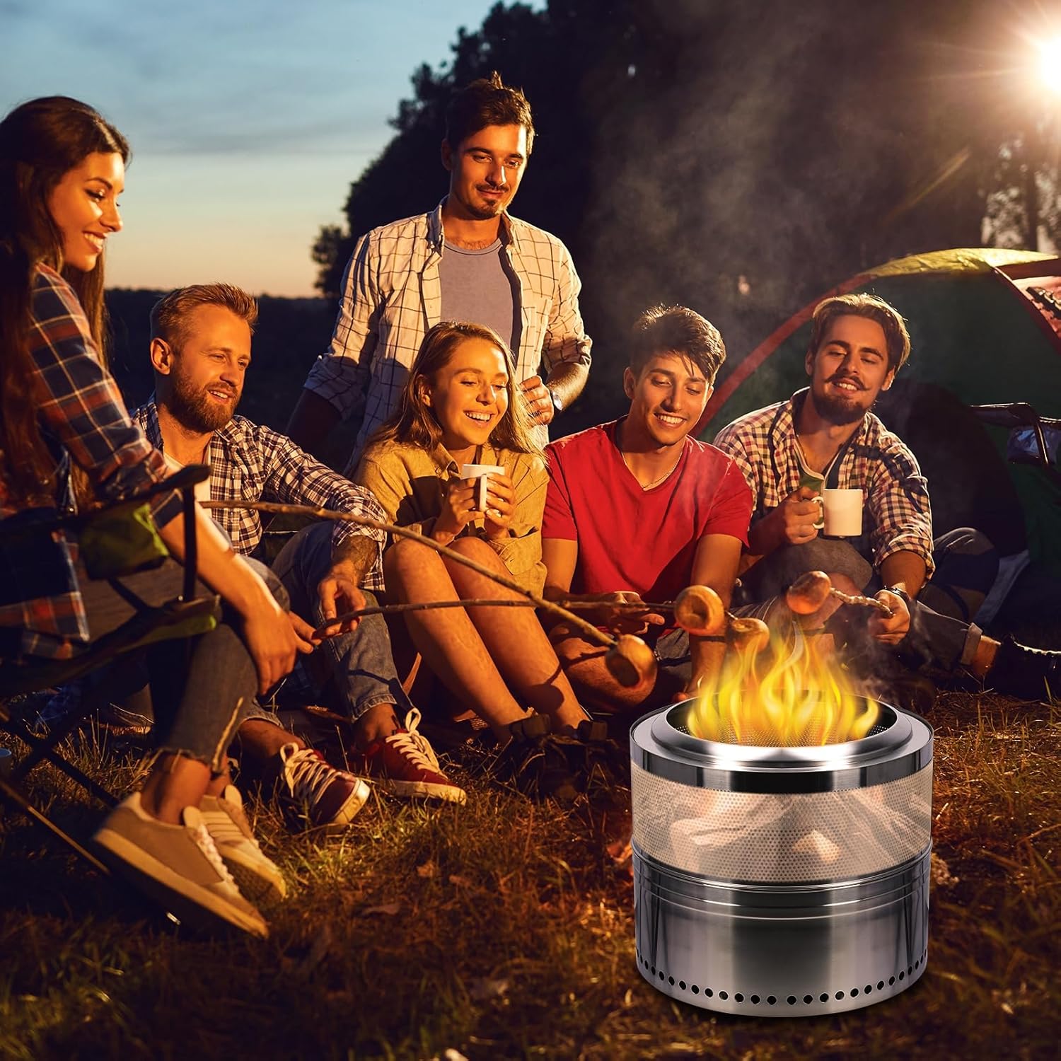 Outdoor Portable Smokeless Firepit, Stainless Steel Wood Burning BBQ Firepit with Ash Tray, Detachable Bonfire Firepit for Outside Camping, Backyard, Patio, Picnic 50 cm
