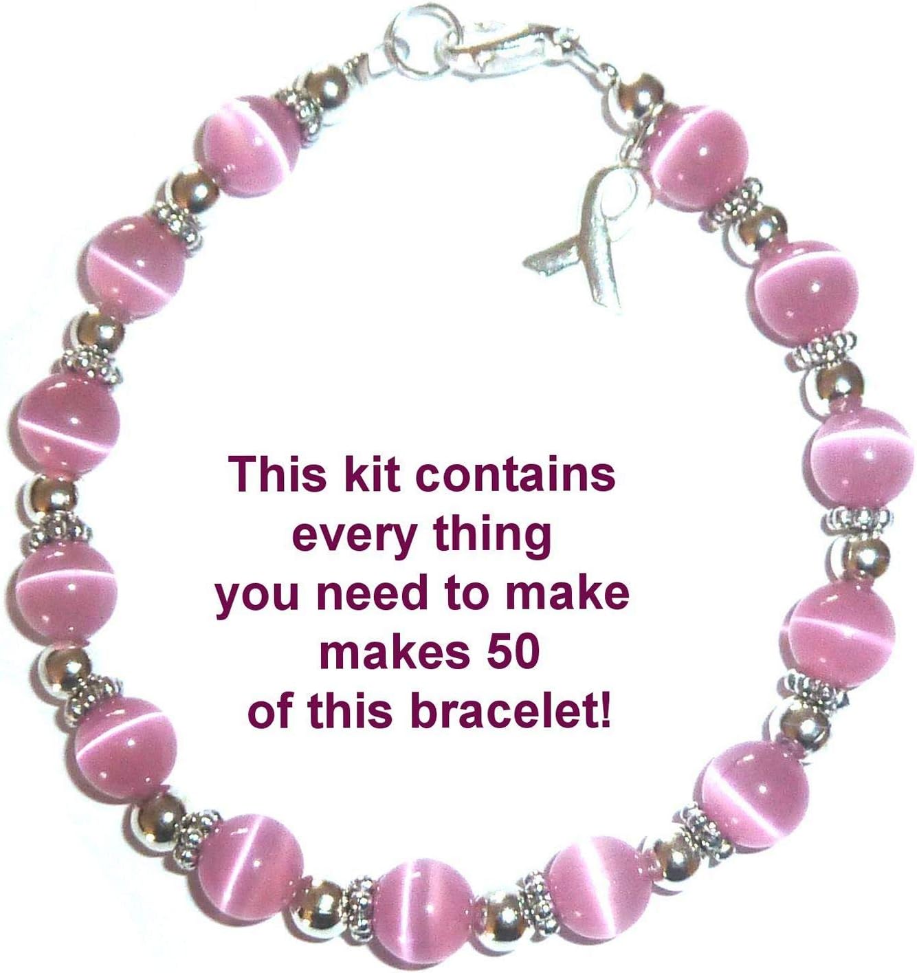 Cancer Awareness Bracelet DIY Kit by Hidden Hollow Beads, Makes 50 or 65, 8mm or 6mm with Wire and Clasps, Fundraisers, Relay for Life, Pink Out Day (8mm Pink Beads - Makes 50 Bracelets)