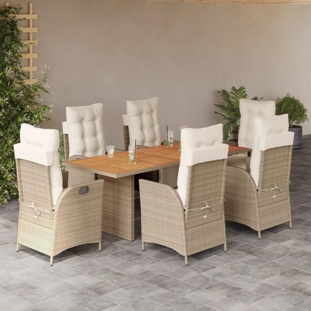 7 Piece Patio Dining Set with Cushions Beige Poly Rattan,Adjustable Patio Dining Set with Reclining Garden Chairs and Comfortable Cushions Furniture Sets for Patio, Lawn & Garden