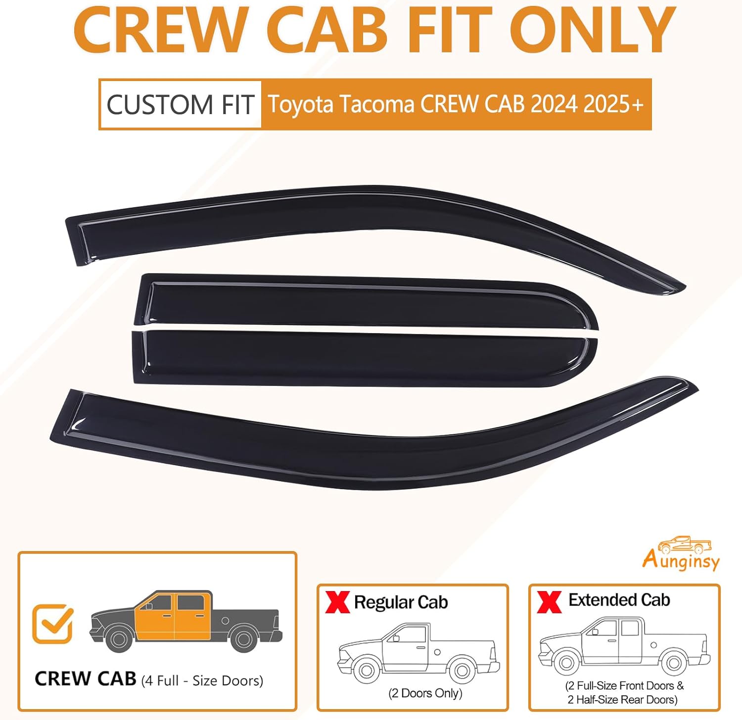 Side Window Rain Guards Visor Deflectors Compatible with 2024 2025 Toyota Tacoma Tinted Rain Guards SR SR5 TRD PreRunner Sport Off-Road i-FORCEMAX Limited Trailhunter Pro Accessories, Outside Mount