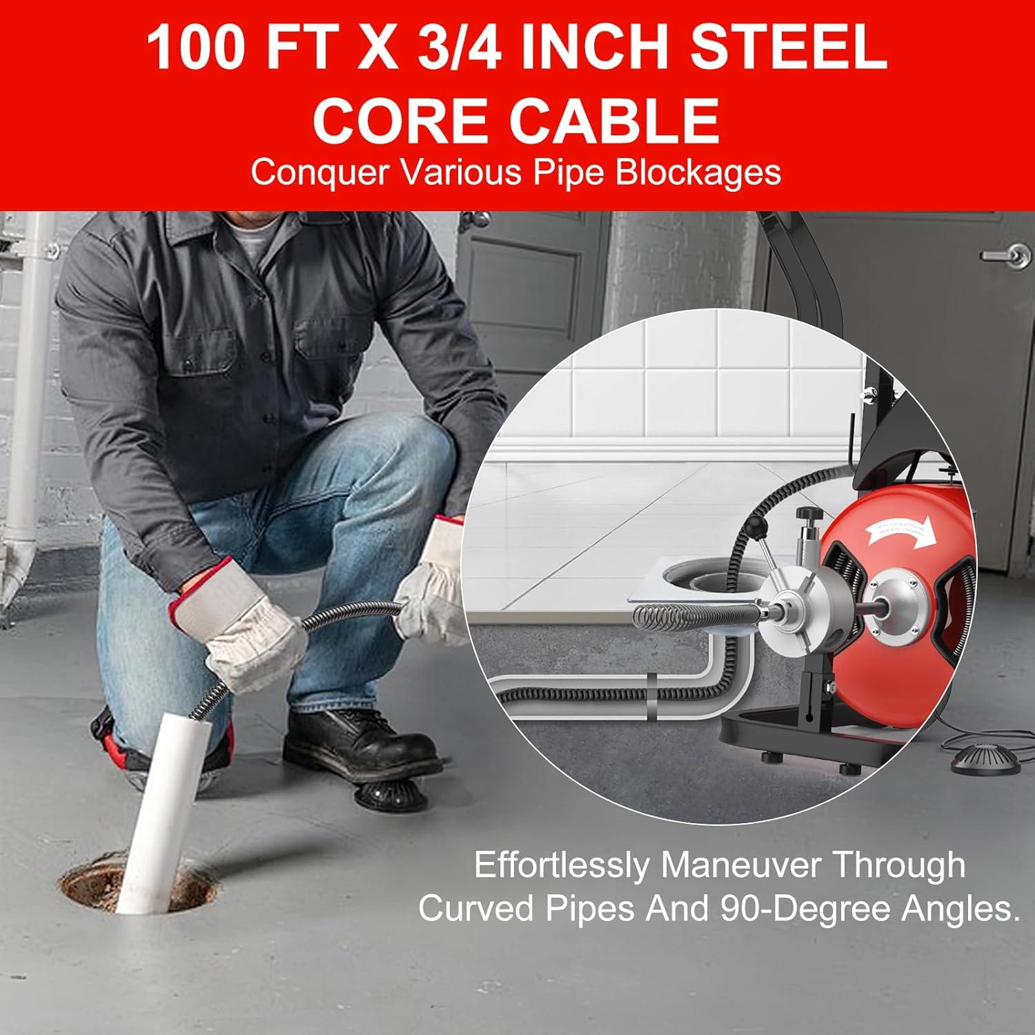 Drain Cleaning Machine, 100 Ftx1/2 In Auto-Feed Sewer Snake with 6 Cutters & Air Foot Switch, Commercial Electric Drain Cleaner Tool with Wheels, Fits 2-4 In Pipes