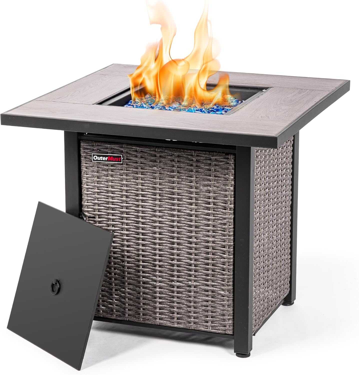 30 Inch Propane Fire Pit Table, 50,000 BTU Electronic-Ignition Rattan Patio Gas Fire Pit with Lid & Blue Glass Bead, Outdoor Fireplace for Dining or Party, Black