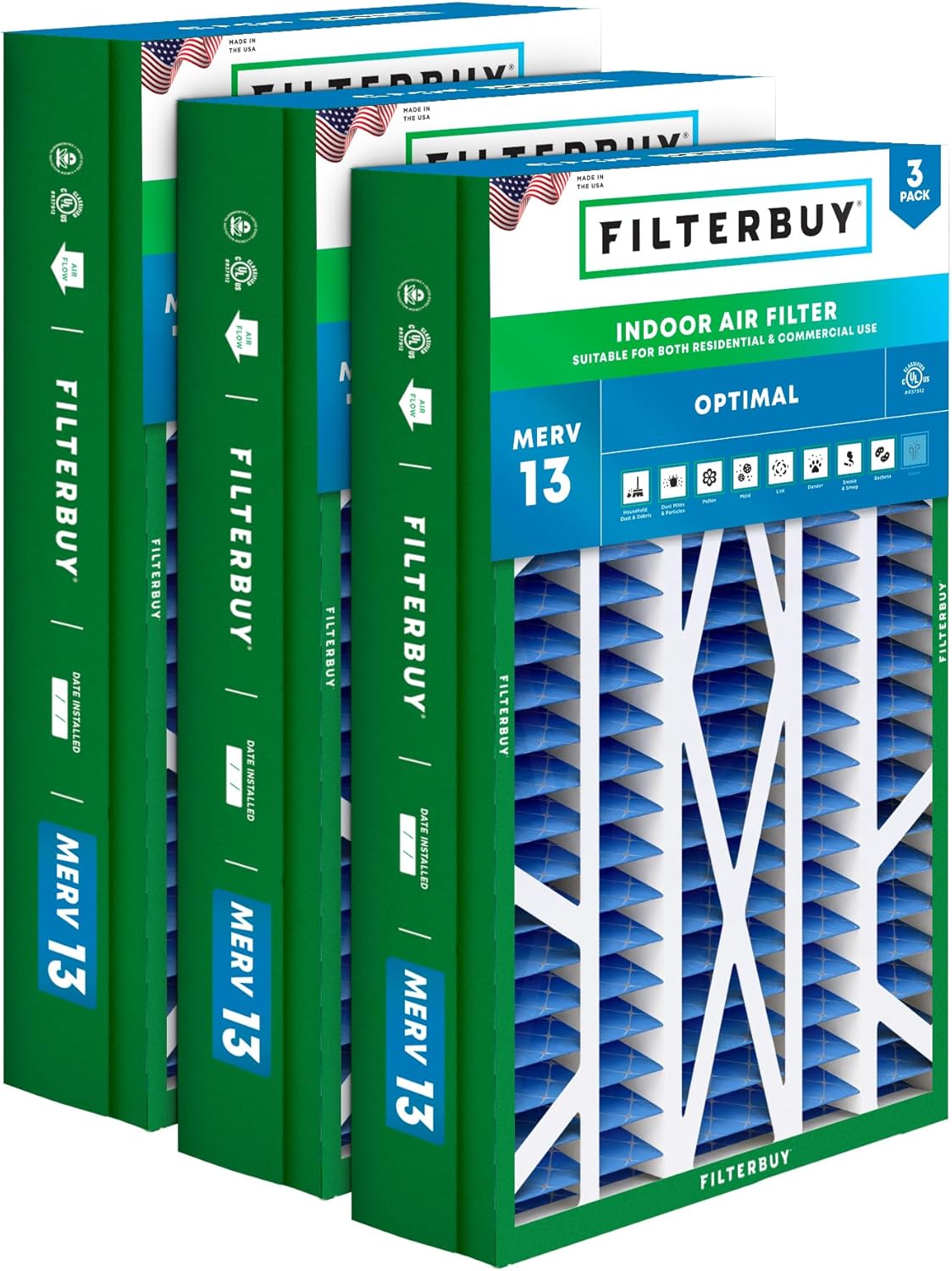 Filterbuy 14.5x27x5 Air Filter MERV 13 Optimal Smoke & Allergy Defense (3-Pack), Pleated HVAC AC Furnace Filters for Trane, American Standard, Honeywell, and More (Actual Size: 14.06 x 26.13 x 4.97)