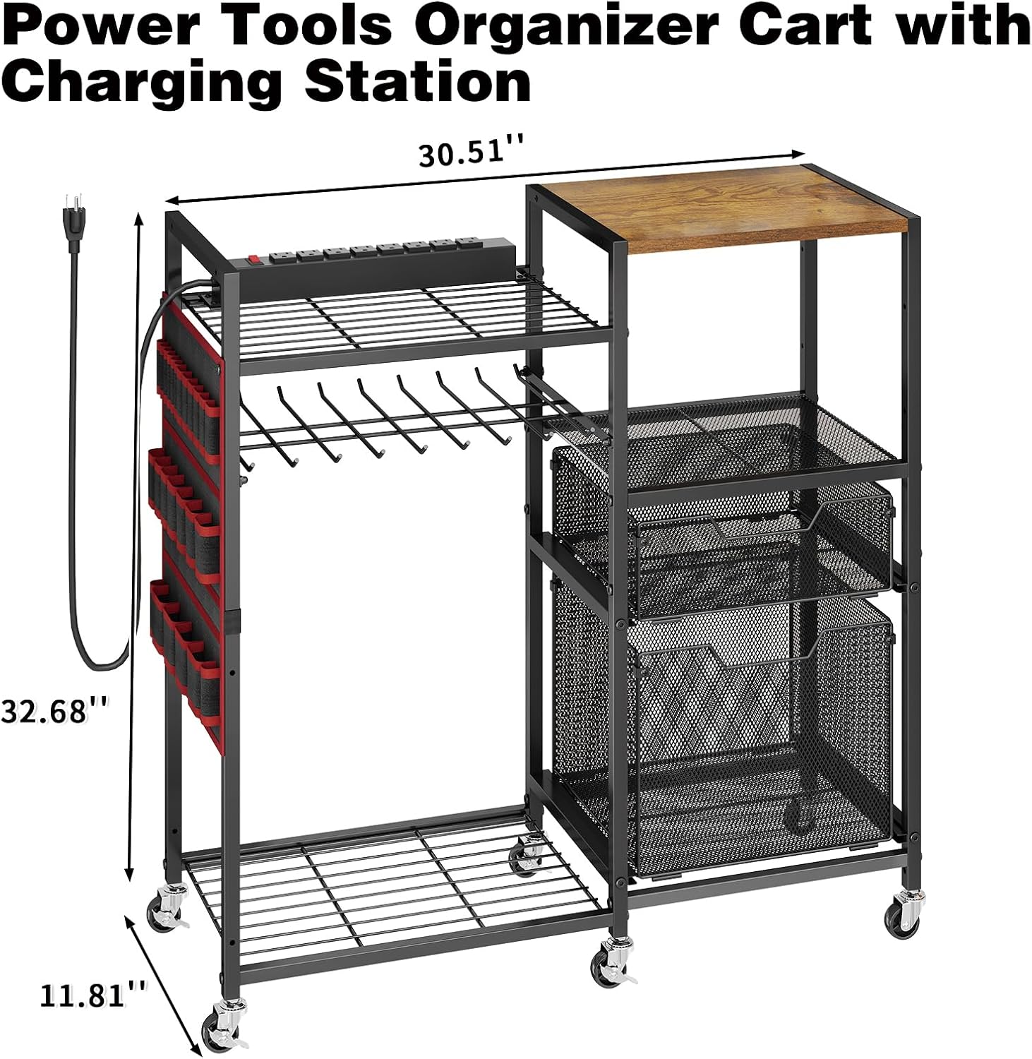 Large Power Tool Organizer Cart with Charging Station, 8 Slots for Cordless Drill Holder with Drawers, Rolling Storage Cart with 8 Power Outlet Heavy Duty Garage Organizer with Wheels for Men