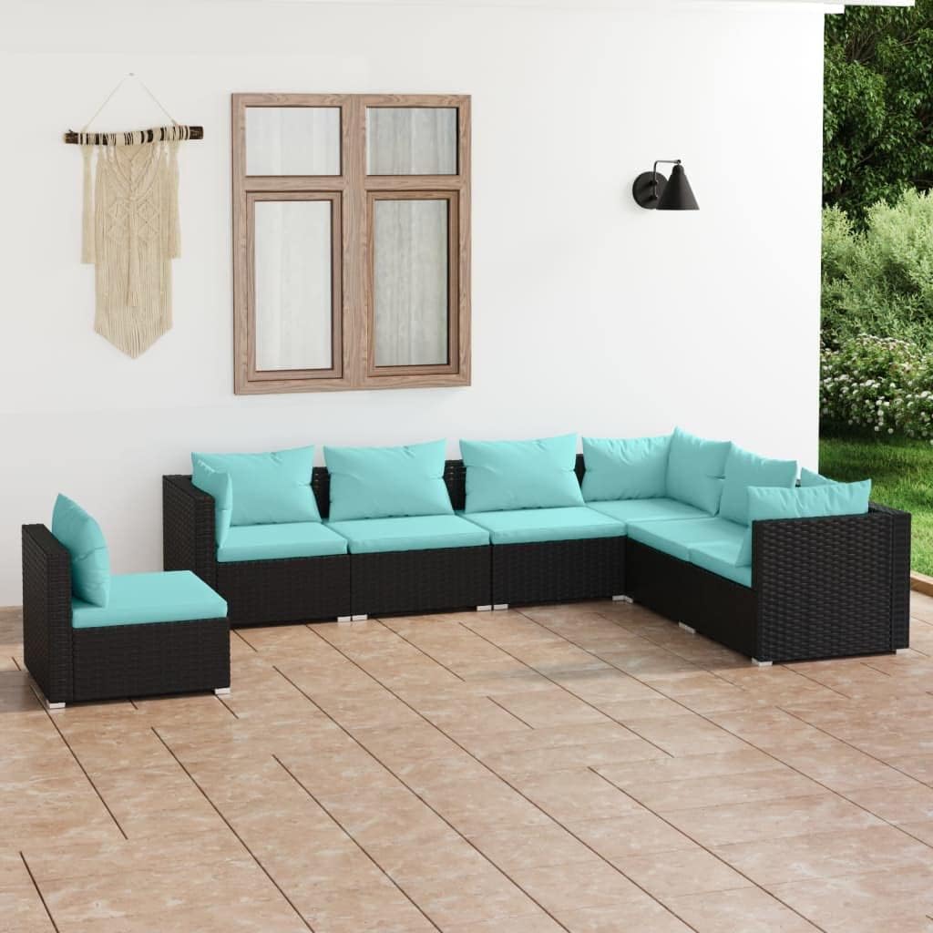 7 Piece Patio Lounge Set with Cushions Poly Rattan Black,Outdoor Patio Lounge Set with Modular Design and Comfortable Cushions in Black for Garden and Yard Patio Furniture, Outdoor Furniture Sets