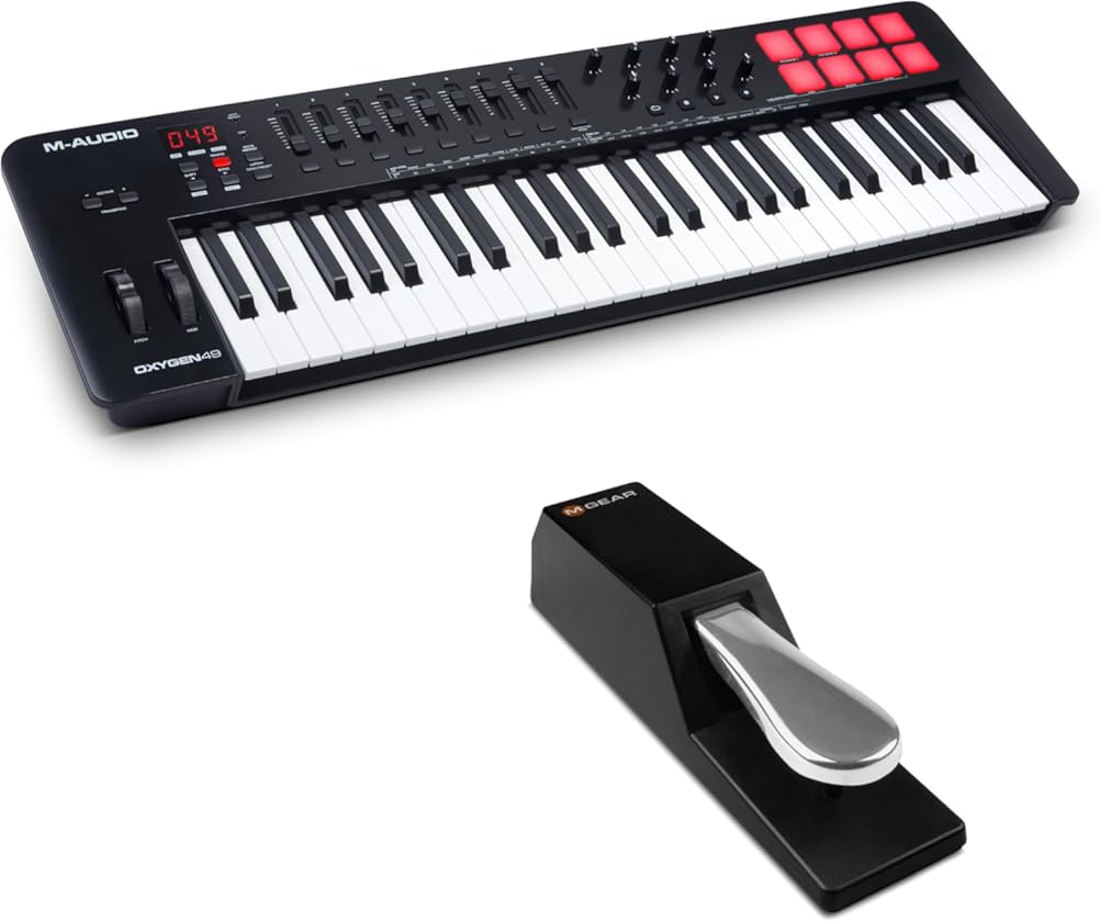MIDI Controller Bundle - 49-Key USB MIDI Keyboard Controller with Beat Pads, Sustain Pedal and Software Suite - M-Audio Oxygen 49 MKV and SP-2