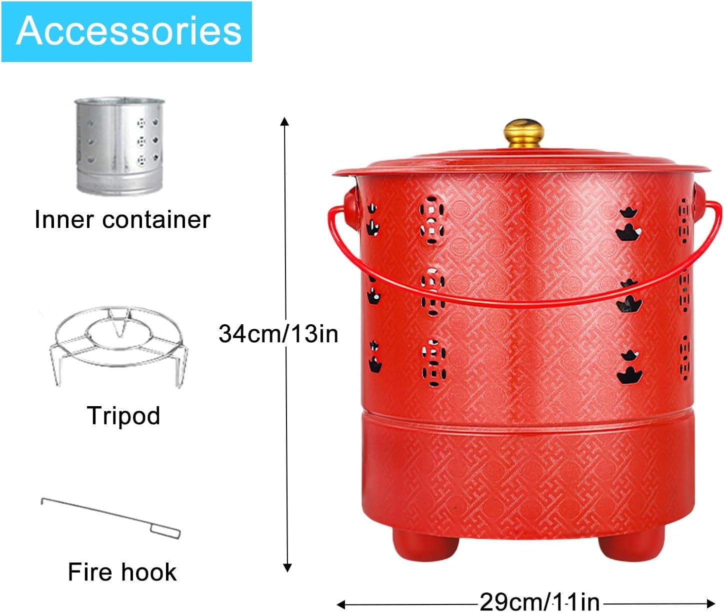 Incinerator, Galvanized Trash can, Metal Fire Pit, Including Tripod, Fire Hook, Inner Liner, for Leaves, Trash, Camping, Bonfire(Red)