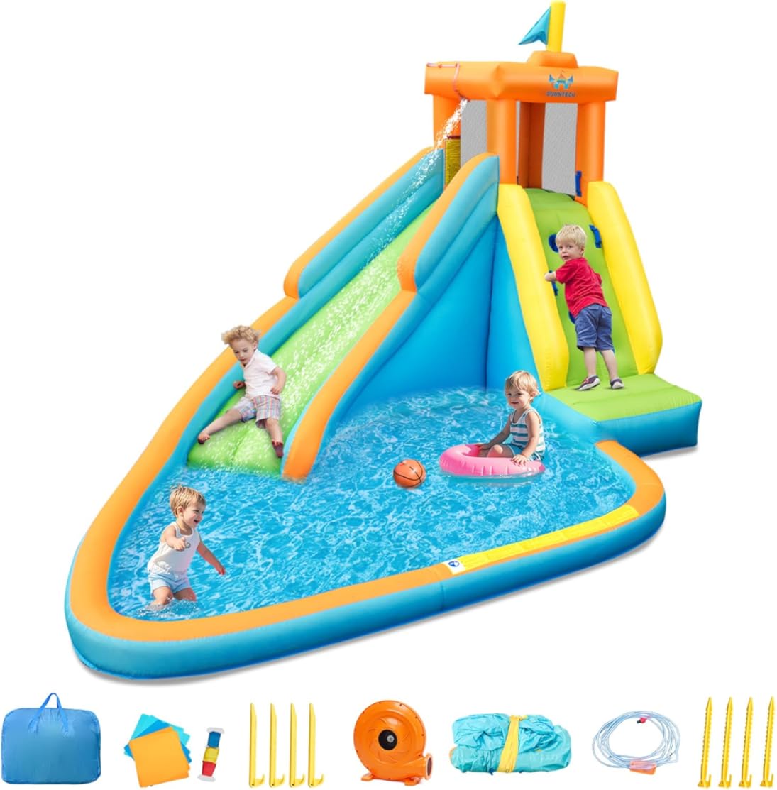 OLAKIDS Inflatable Water Slide, 3 in 1 Bounce House with Slide Climbing Wall Splash Pool, Outdoor Jumping Castle Inflatable Obstacle Course for Backyard with Carrying Bag Repairing Kit Hose Blower