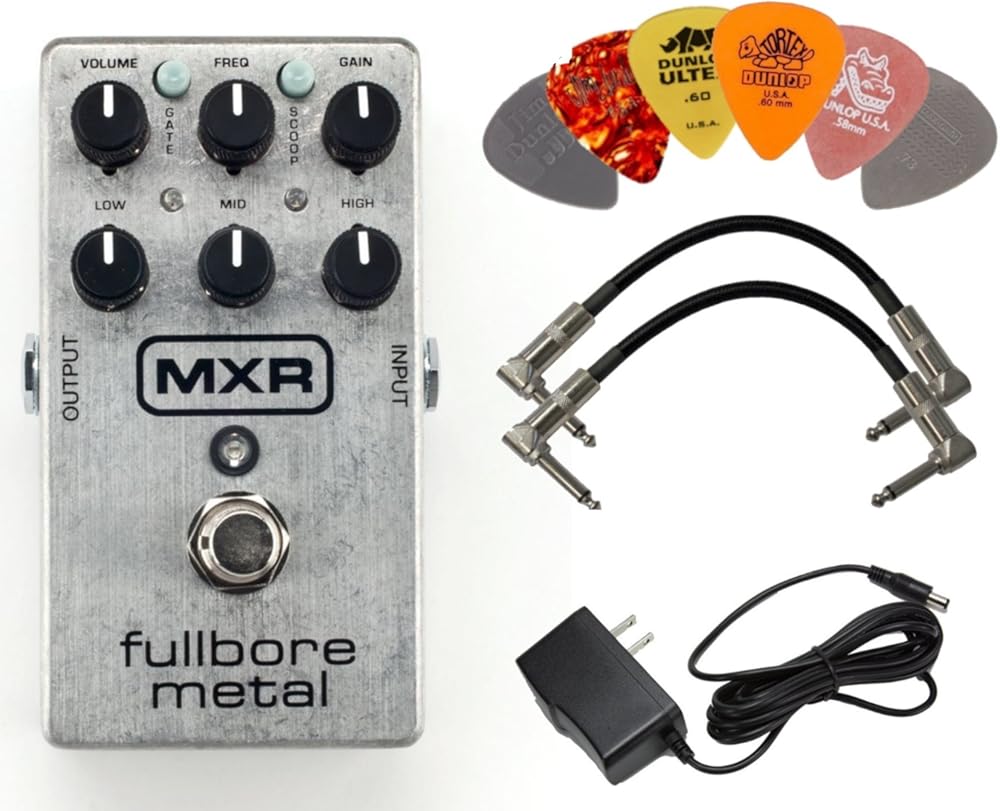 Dunlop MXR M116 Fullbore Metal Distortion Guitar Pedal with AC Power Supply, 2 Patch Cable and 6 Guitar Picks
