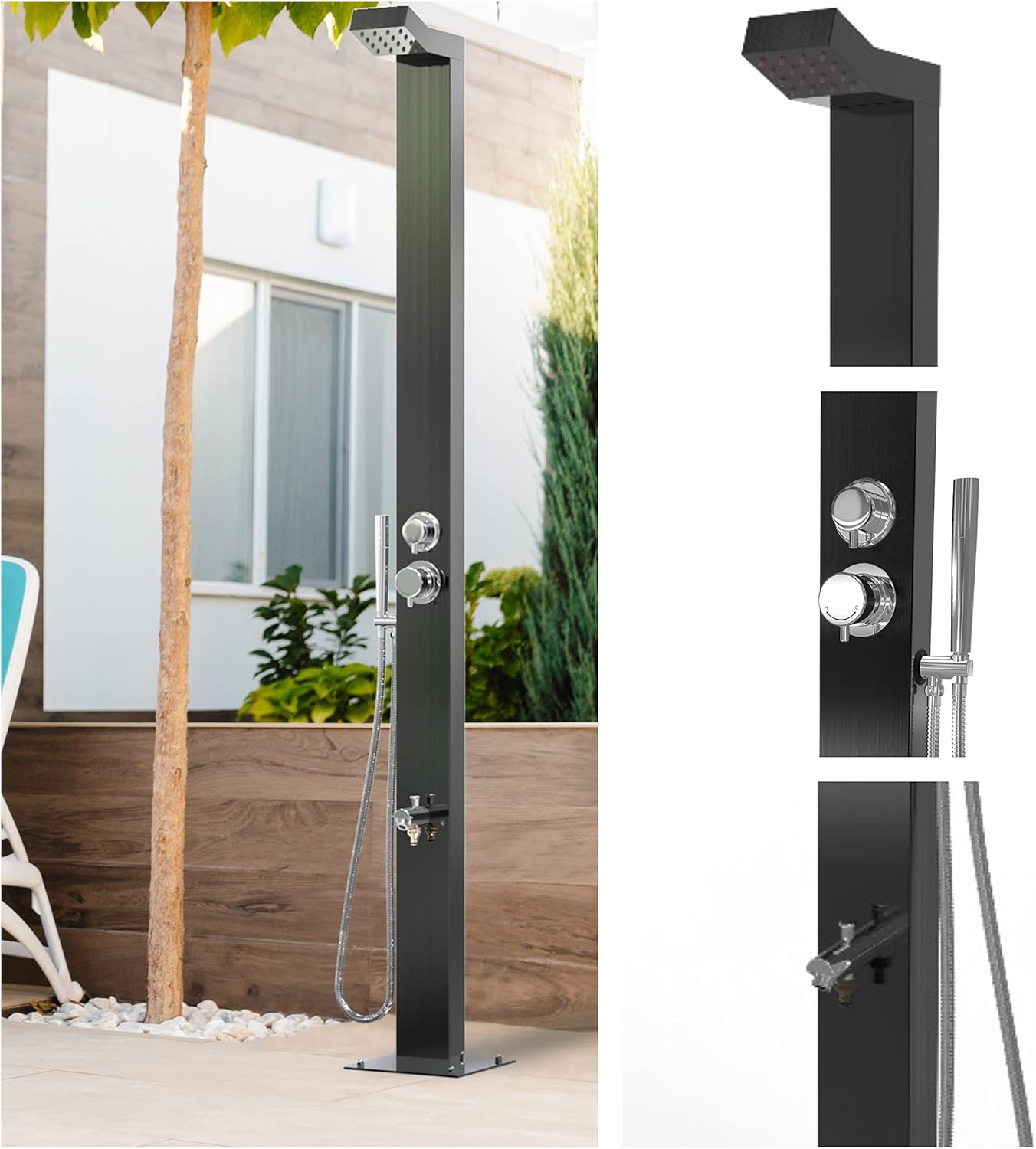 Bondi Black ADA 316 Marine Grade Stainless Steel Outdoor Shower Panel-No Rust! Perfect for Swimming Pools. Hot & Cold Water Connections! Wall-Mounting & Freestanding Options