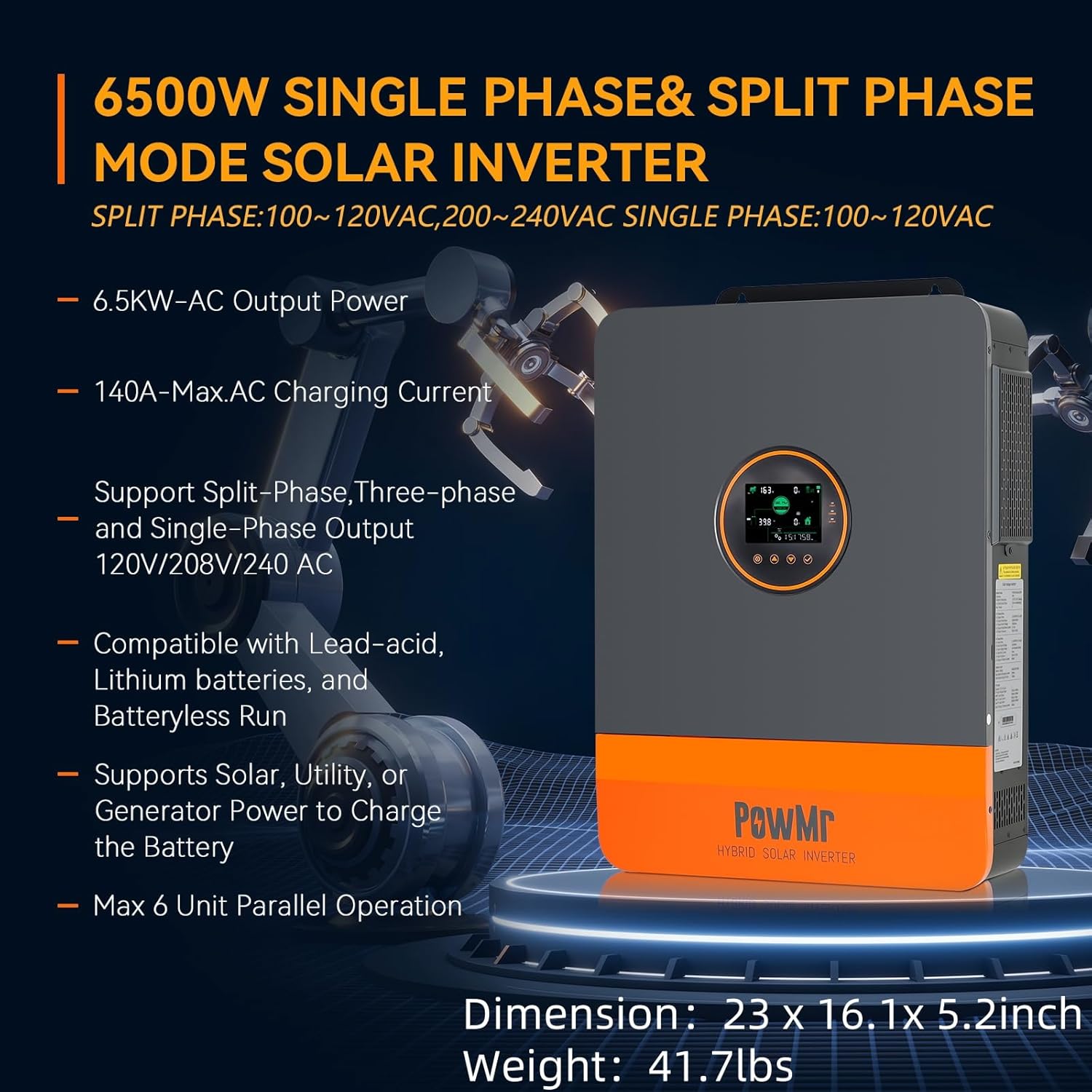 6500W Solar Inverter Split Phase 48V to 120V/240V, UL1741 6500W Power Inverter Built-in 140A MPPT Controller, Max.PV Input 10kW, 550V, Support up to 6 Unit Parallel for Lead Acid, Li, Batteryless Run