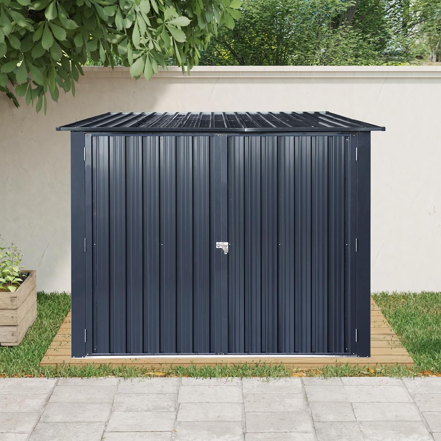 Outdoor Storage Shed, Black Metal, 81.25x76x64 Inch, Sloped Roof, 4 Bike Tracks, Double Door with Lock, Air Vents