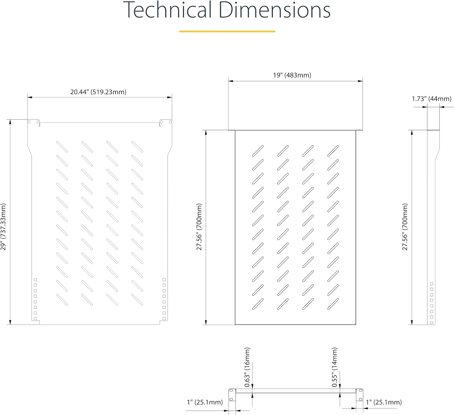 StarTech.com 1U 4-Post Server Rack Shelf, Vented, Adjustable Mounting Depth (28-34.4in/71.1-87.3cm), 150lb (68kg) Capacity