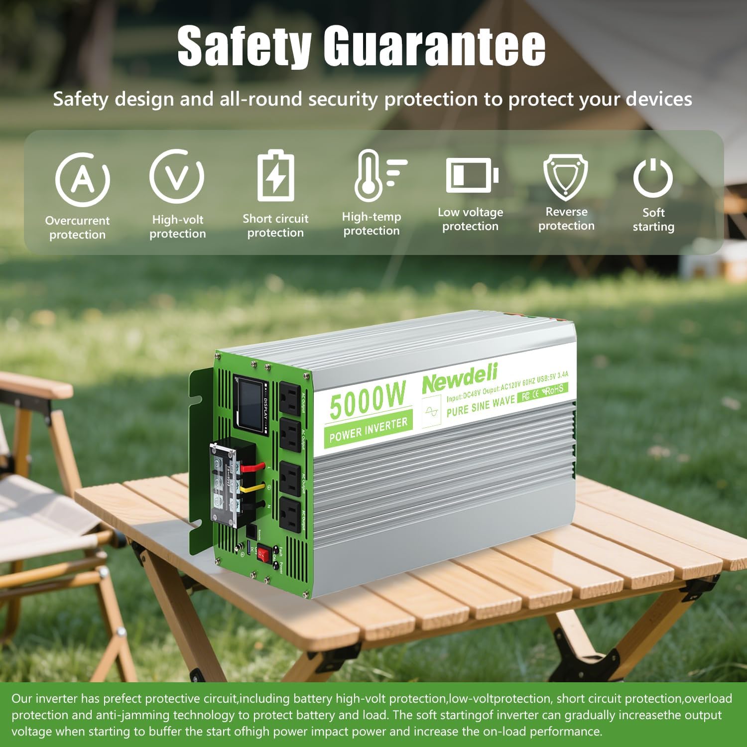 Newdeli 5000 Watt Pure Sine Wave Power Inverter 48V DC to 110/120V AC Converter with 4 AC Outlets, 3.4A USB, LCD Display, Remote Controller for Vehicle, Solar, Heavy Duty, RV, Truck, Off Grid, Camping