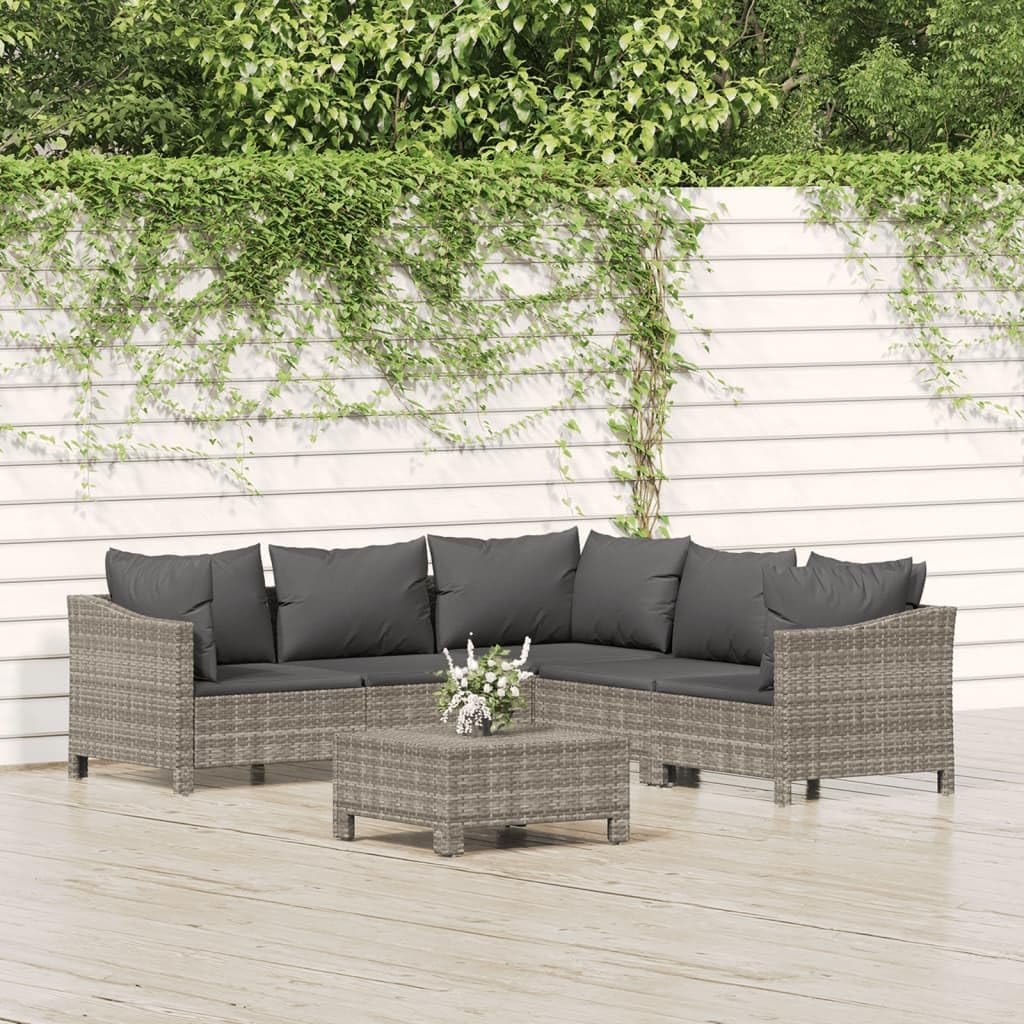 6 Piece Patio Lounge Set with Cushions Gray Poly Rattan, Outdoor Lounge Set in Gray: Modular Rattan Furniture for Patios and Gardens Patio Furniture Sets, Outdoor Furniture Sets