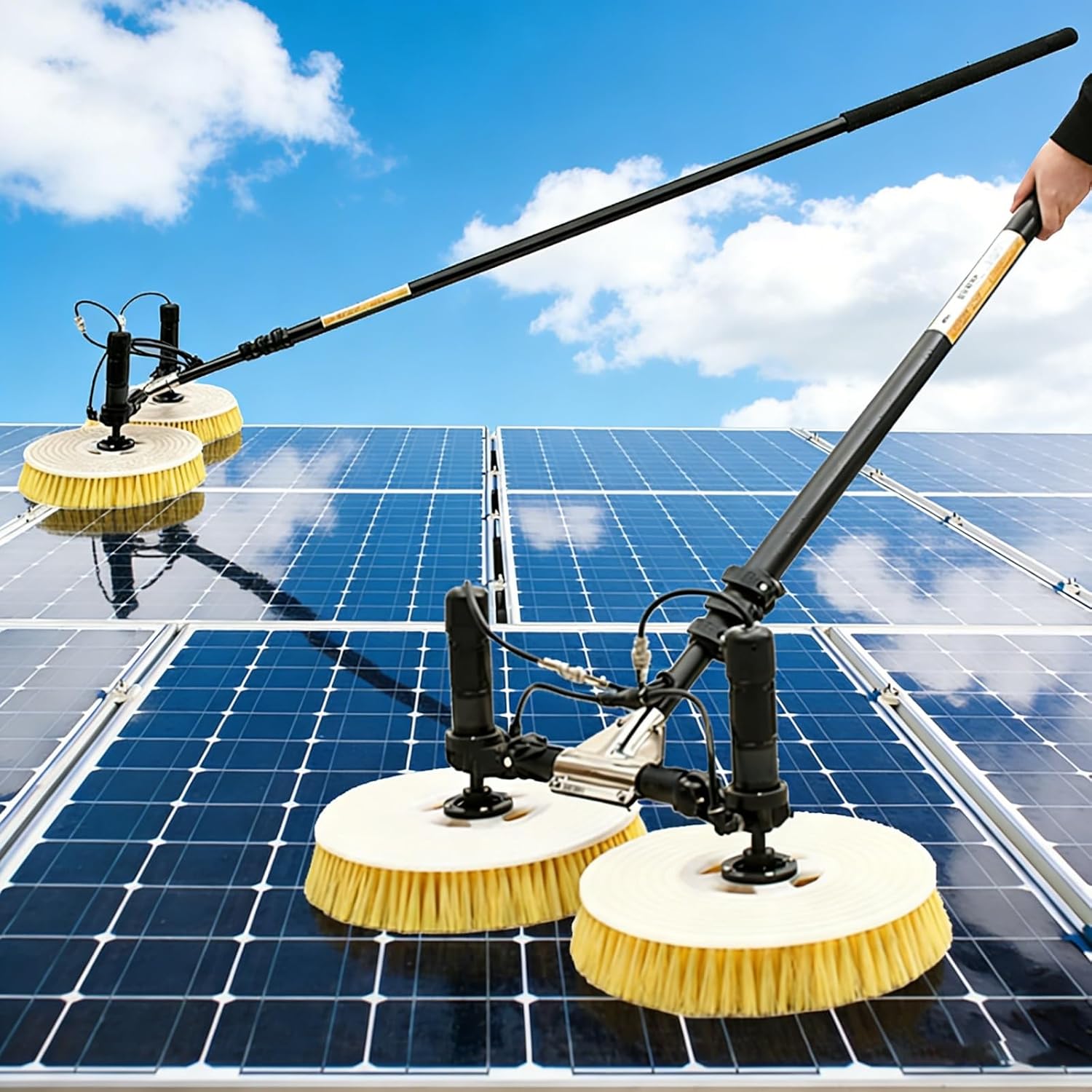 Solar Panel Cleaning Machine, Industrial Dual Head Automatic Rotating Brush, Comes with Complete Telescopic Pole Kit, Dual Power Option for Mains and Battery Operation(5m,Mains Electricity)