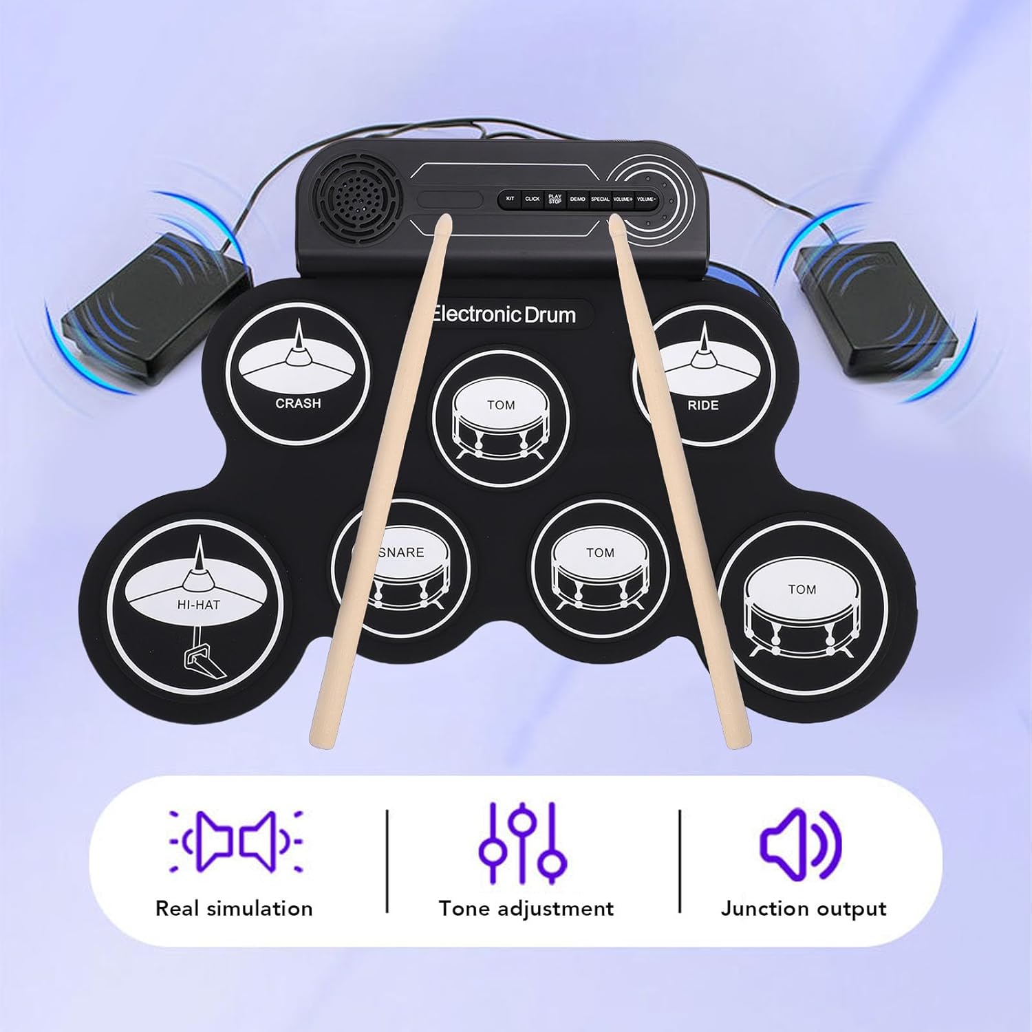 Jiawu Electric Drum Set, 7 Pads Electronic Drum Set Built in Speaker, Portable Roll Up Drums Practice Pad Machine with Pedals and Sticks, Rechargeable Instrument for Beginner & Kids