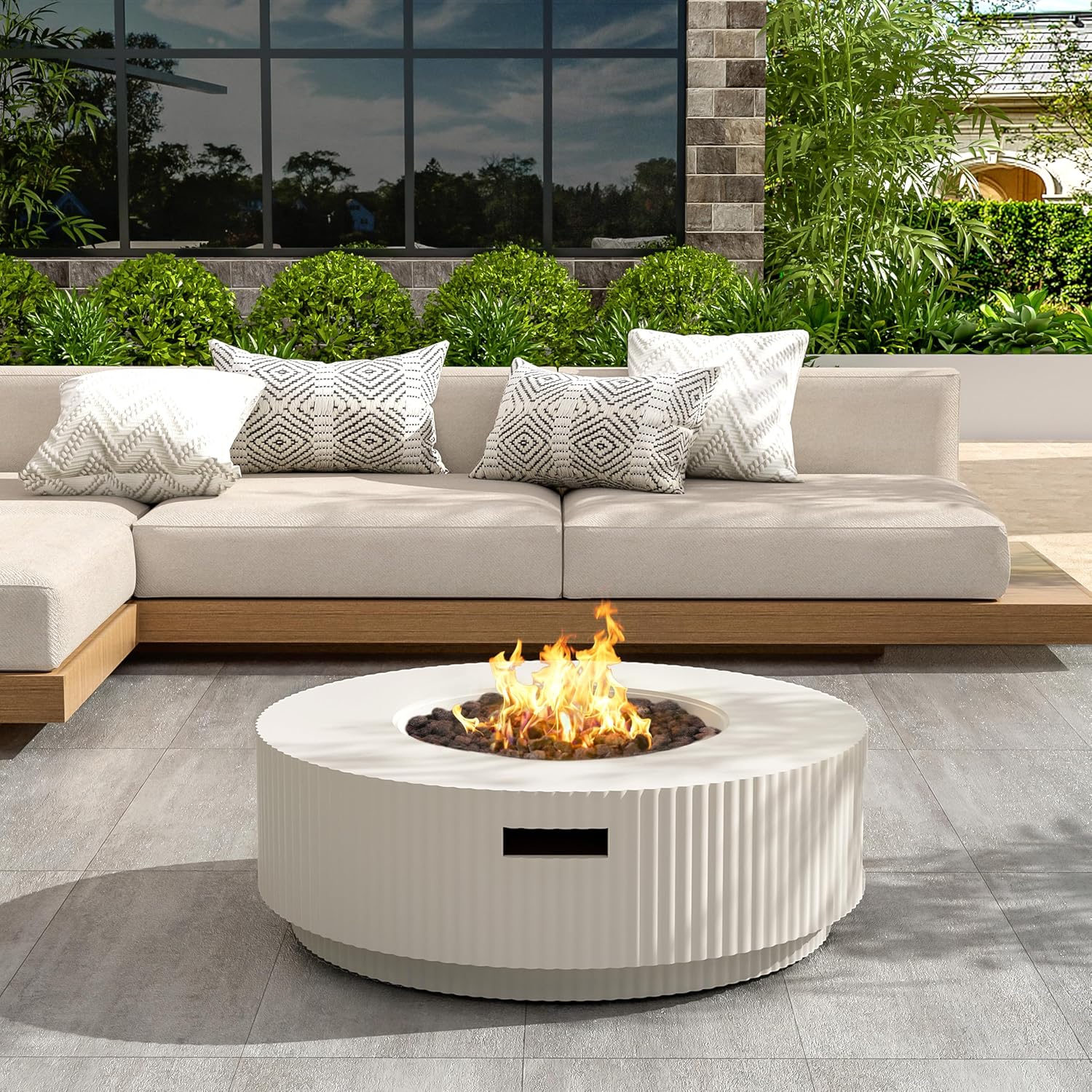 Merax 40,000 BTU Propane Fire Pit Table with Lid, MGO Concrete Outdoor Patio Heater, 2-in-1 Coffee Table with Adjustable Flame, White(Tank Cover Not Provided)