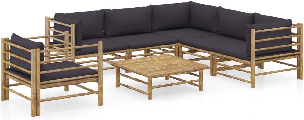 7 Piece Patio Lounge Set with Dark Gray Cushions Bamboo Patio Furniture, Outdoor Furniture Sets