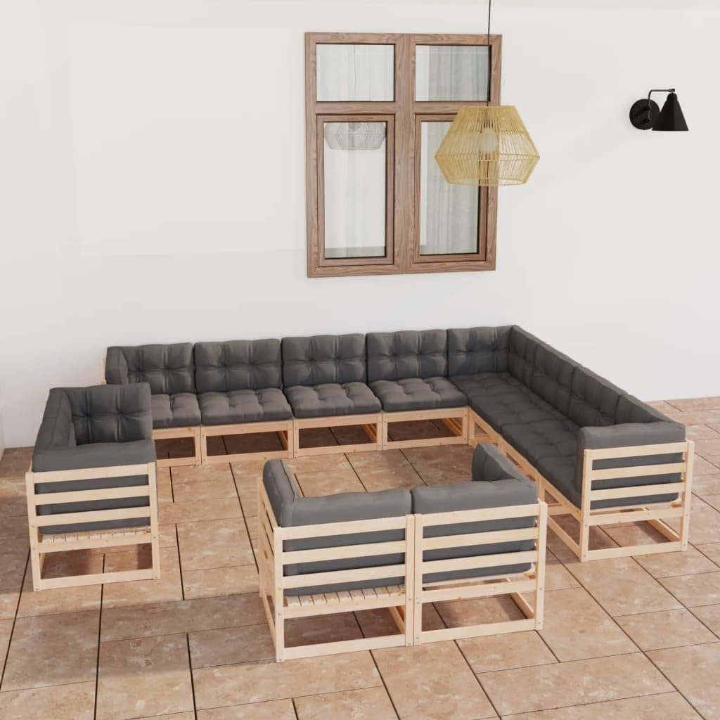 Furniture Sets 12 Piece Patio Lounge Set with Cushions Solid Pinewood,Solid Pinewood Patio Lounge Set with Gray Cushions for Outdoor Comfort and Style Garden Conversation Sets