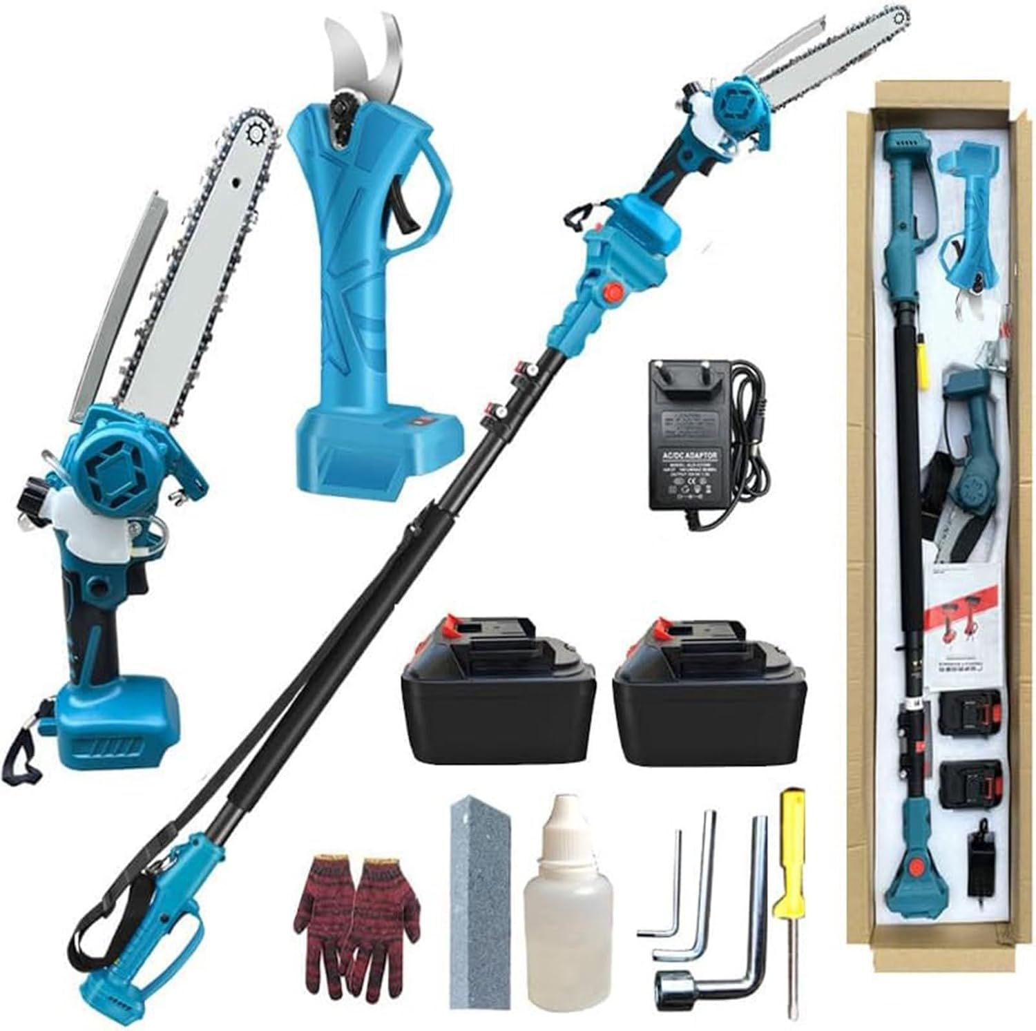 New 4-in-1 High Pole Saw & Pruning Shears Combo Kit,8 Inch Mini Chainsaw,Cordless Secateurs with Extension Pole,2 1.3Ah Batteries,Tree Trimmer Limb Branch Cutter Pruner